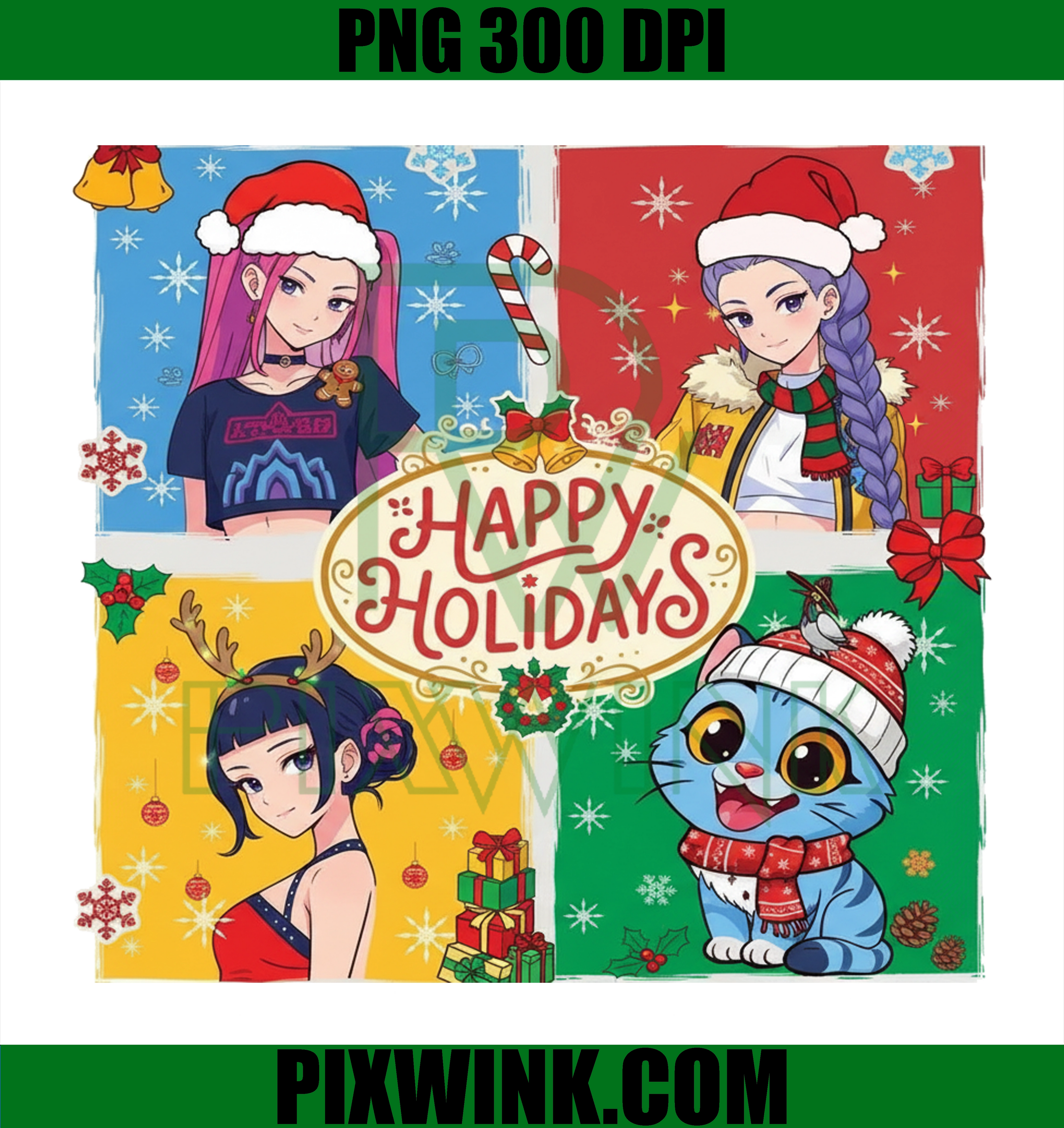 Huntrix Christmas Anime Girls PNG, Kawaii Holiday Clipart, Cute Christmas Trio Illustration, Festive Art Print Digital Download 300 DPI