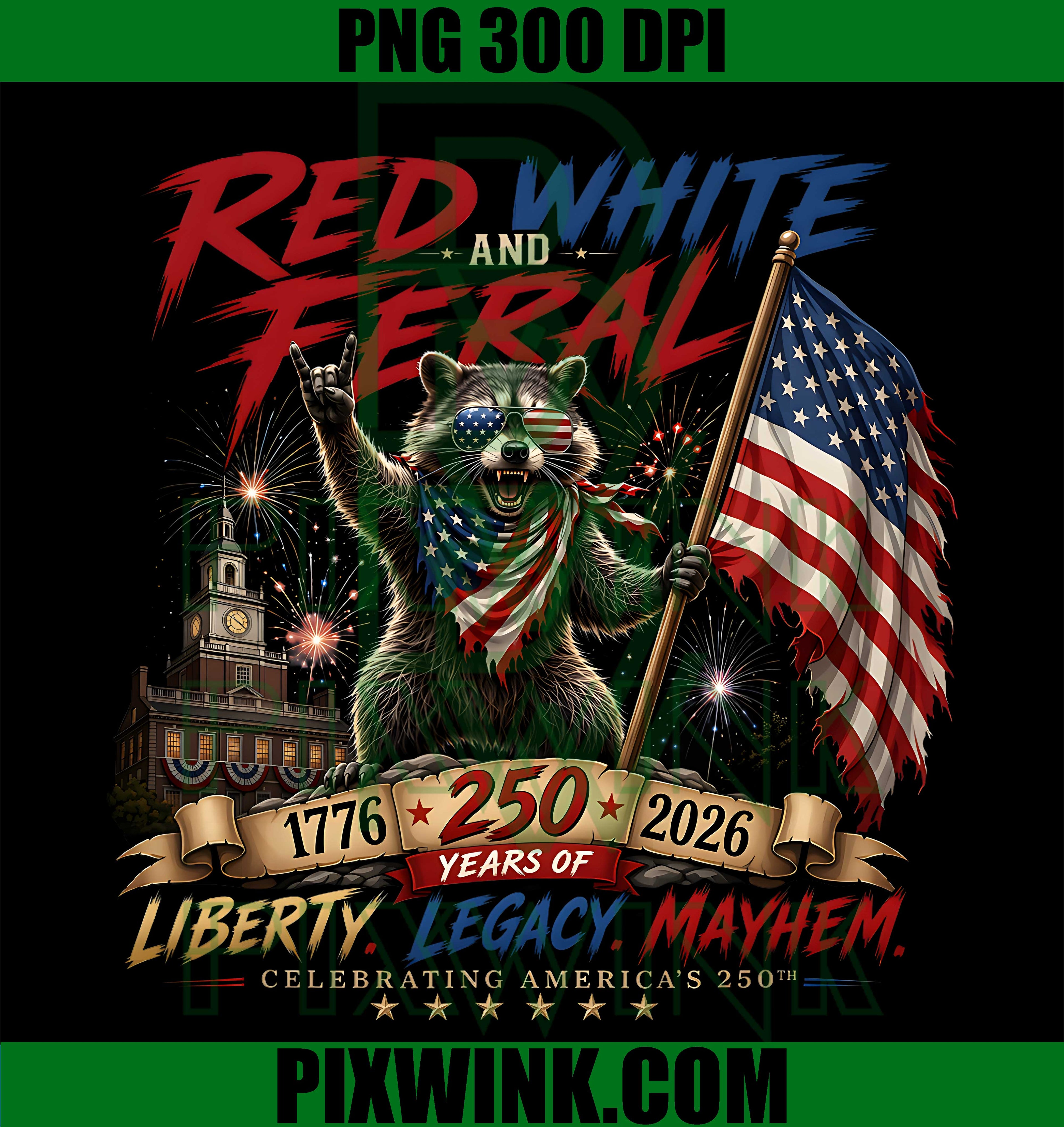 Red White and Feral Patriotic Raccoon PNG,USA America 250 Mens PNG