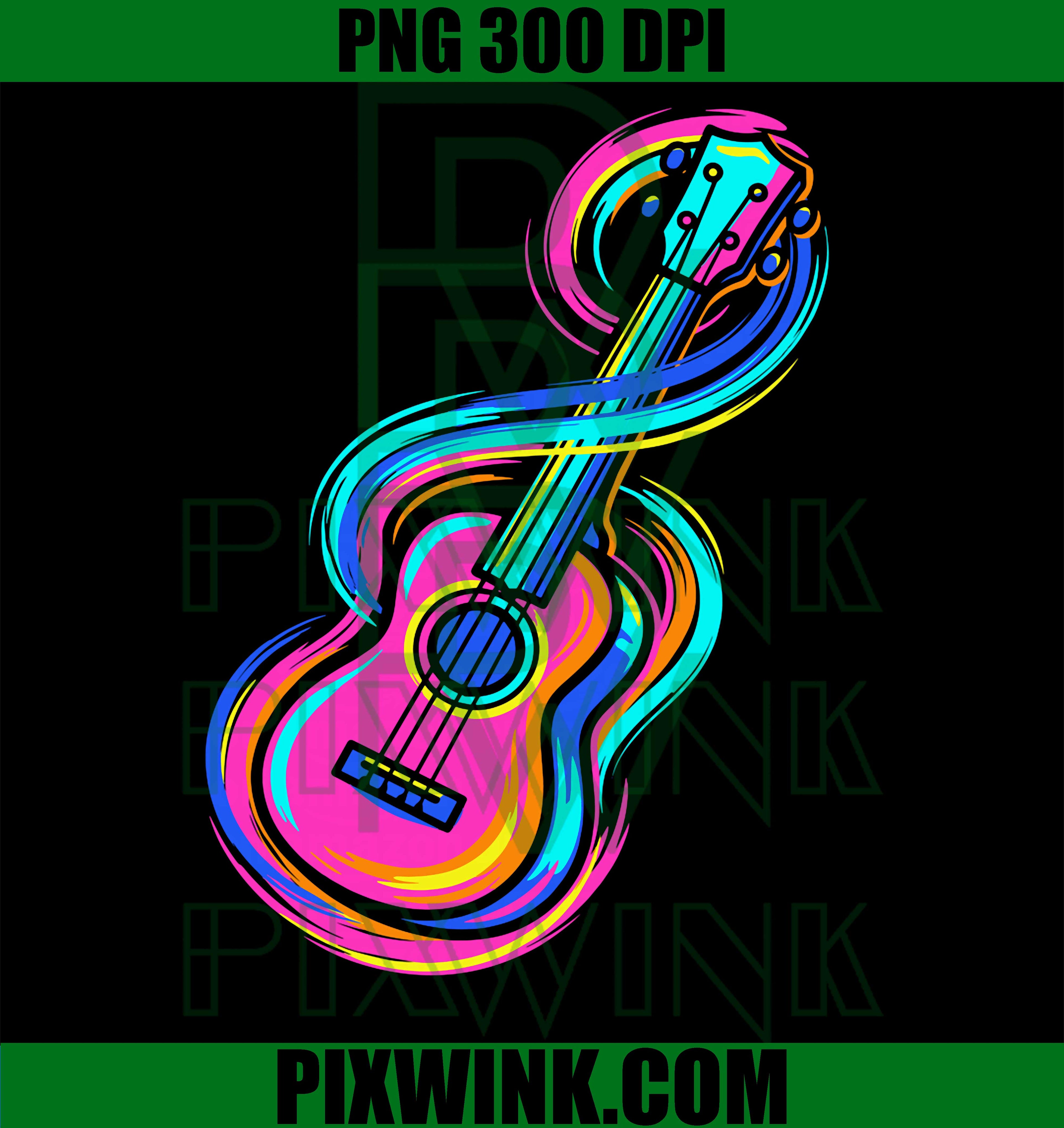 
Colorful Acoustic Guitar Music, Retro Neon Musician Art PNG Design File