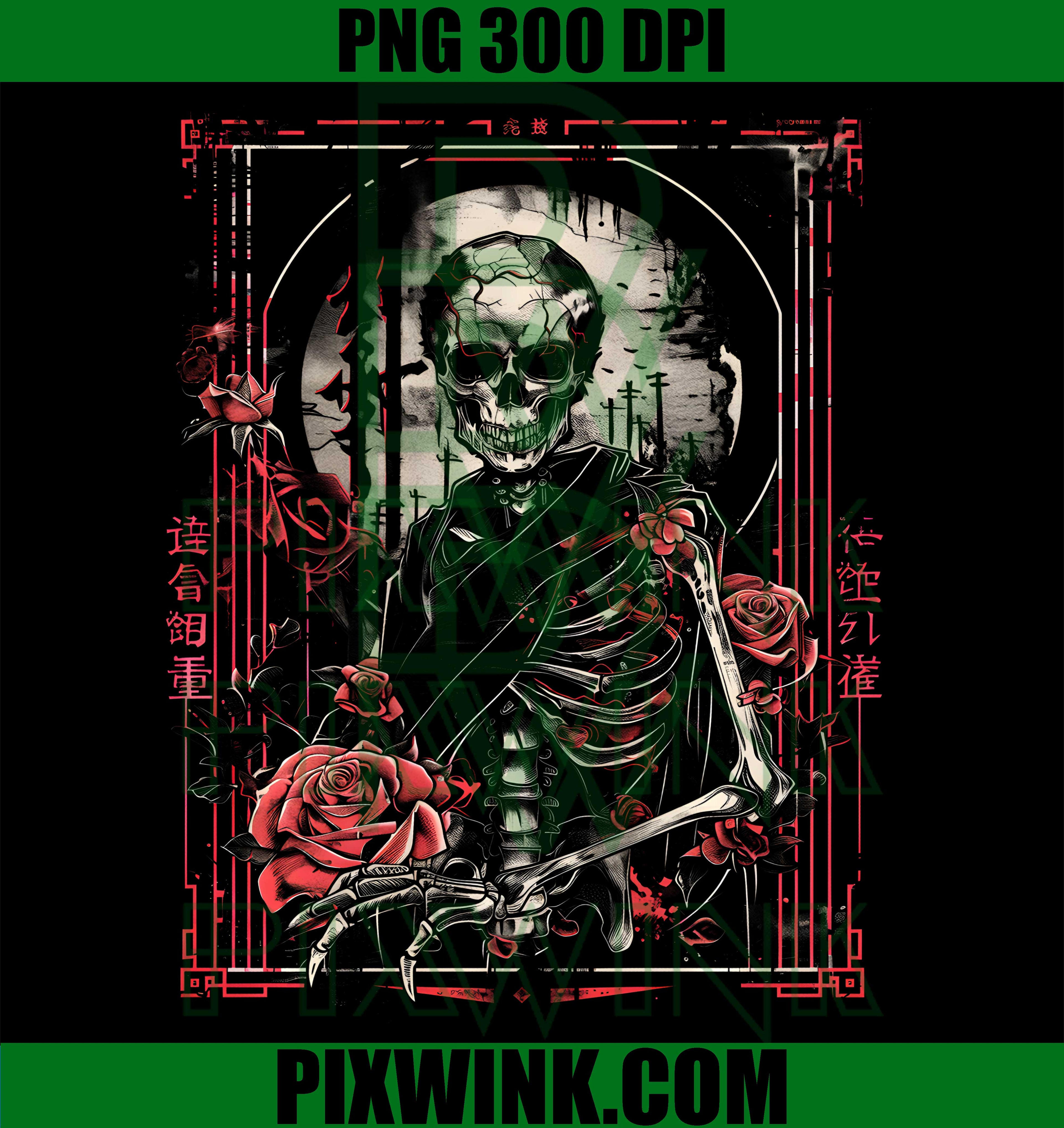 Anime Japanese Goth Cyberpunk City Skeleton Roses PNG, Gothic Graphic PNG
