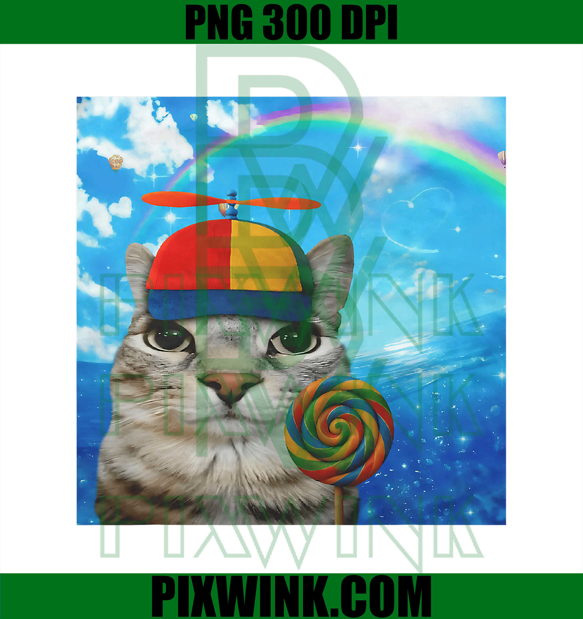 Happy Cat Dreamcore PNG, Funny Lollipop Cat PNG, Kitten Brainrot Meme PNG