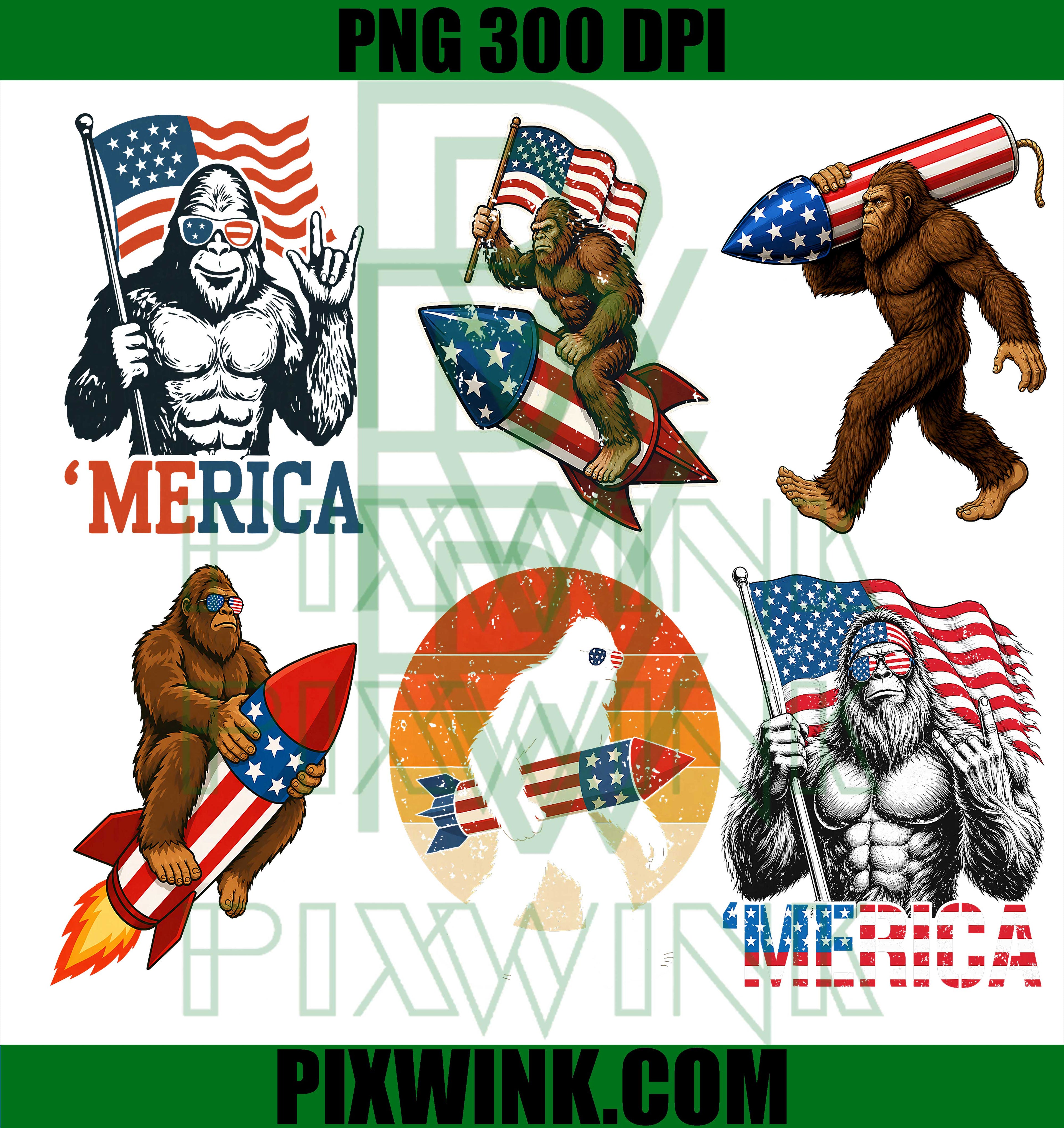 4th of July Bigfoot Rocket Merica Bundle PNG, USA Flag Sasquatch PNG
