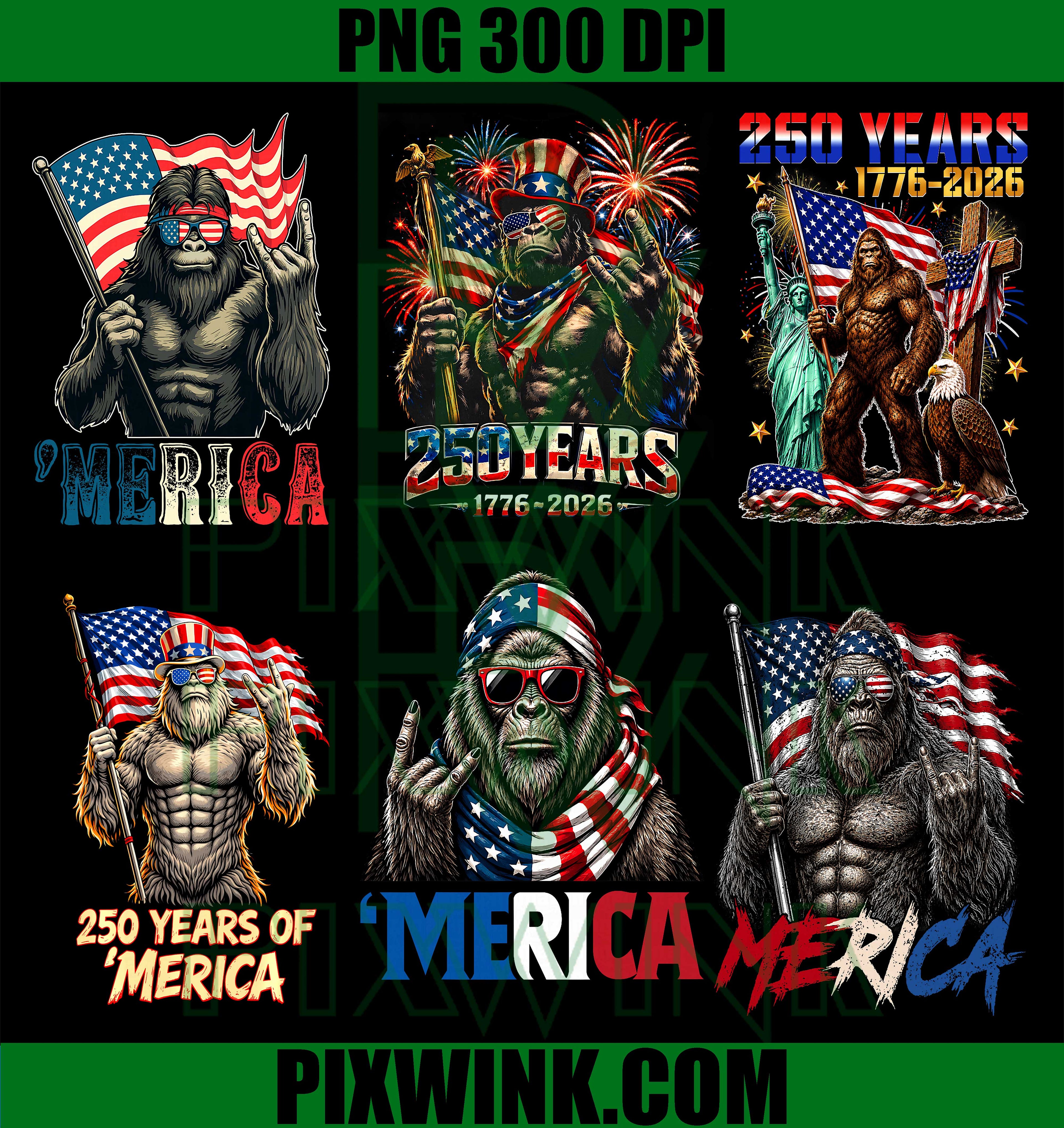 America 250th Bigfoot Merica Bundle PNG, US Flag Patriotic PNG