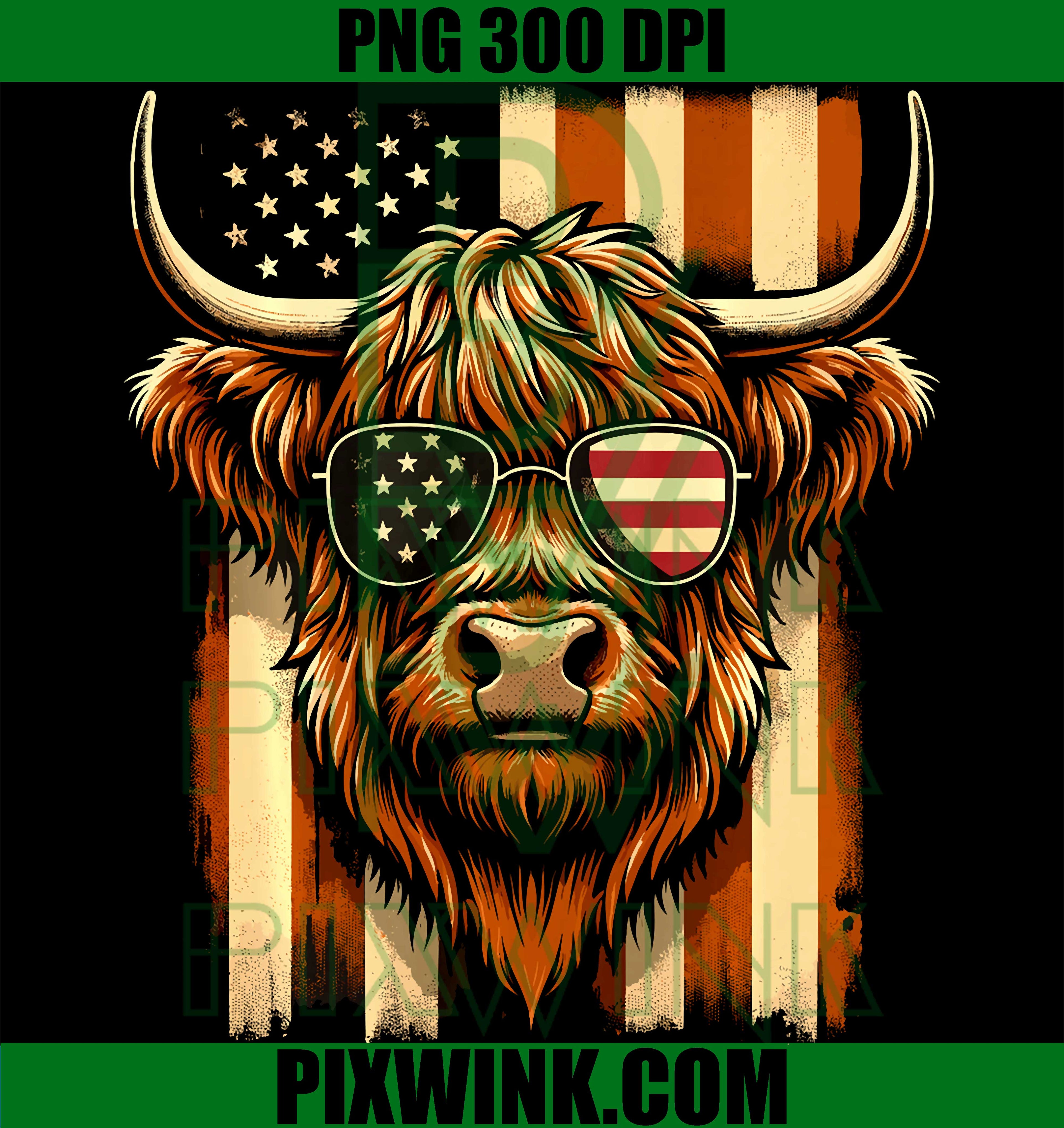 Patriotic Highland Cow USA Flag PNG, 4th Of July PNG