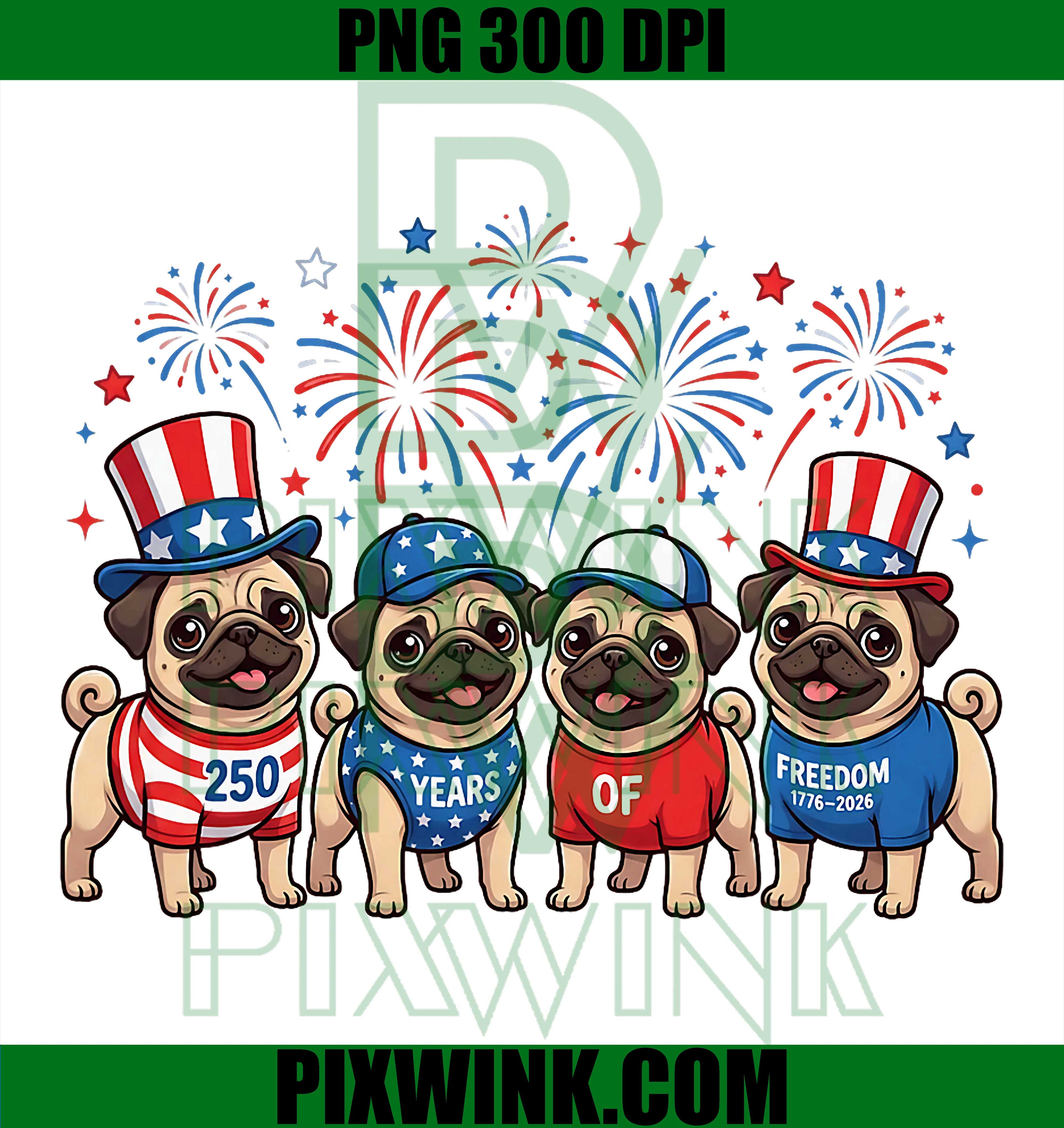 Patriotic Pug Dogs USA 250th Anniversary PNG, Fourth Of July PNG