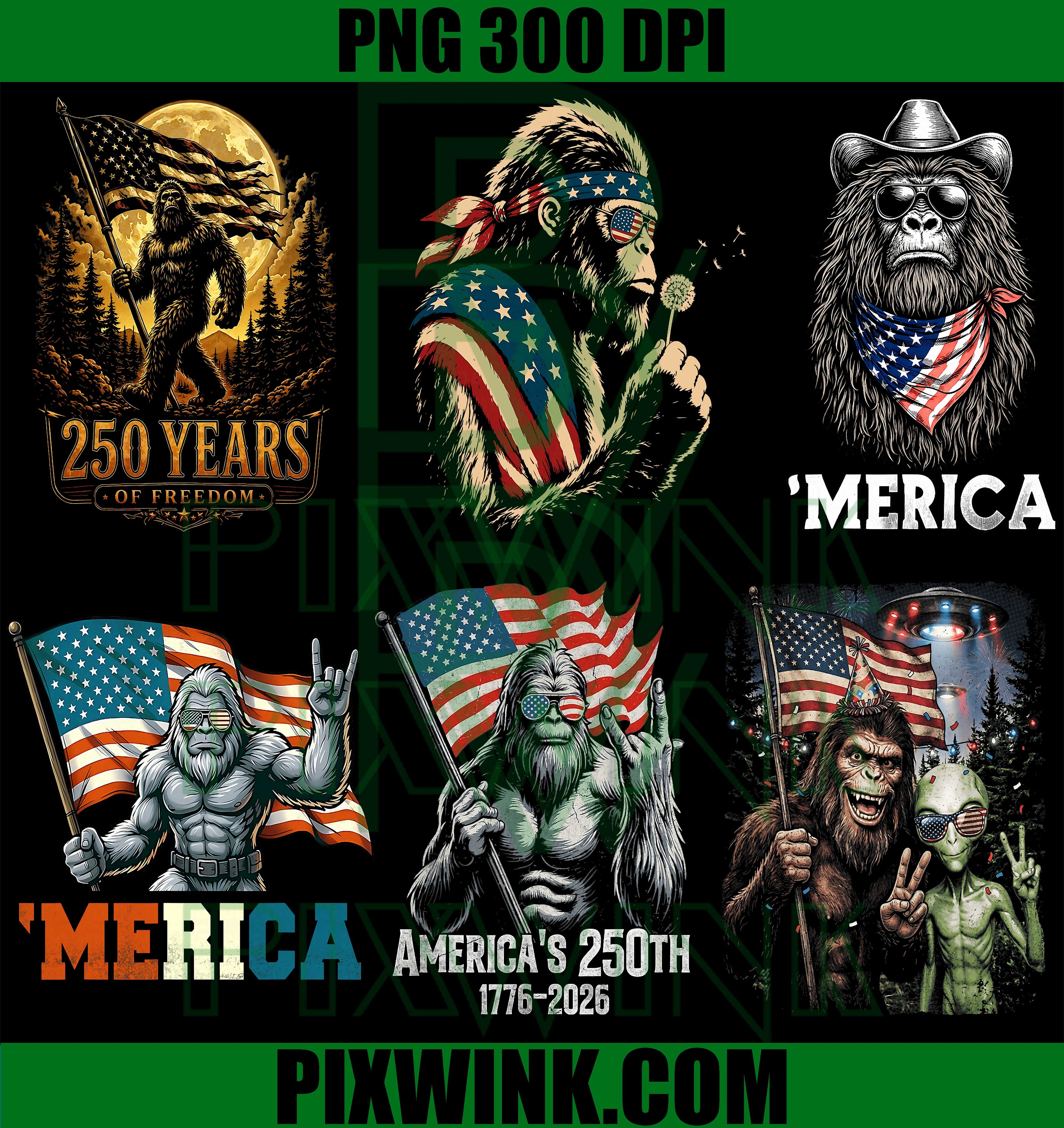 America 250th Bigfoot Cowboy Alien Bundle PNG, US Flag Sasquatch PNG
