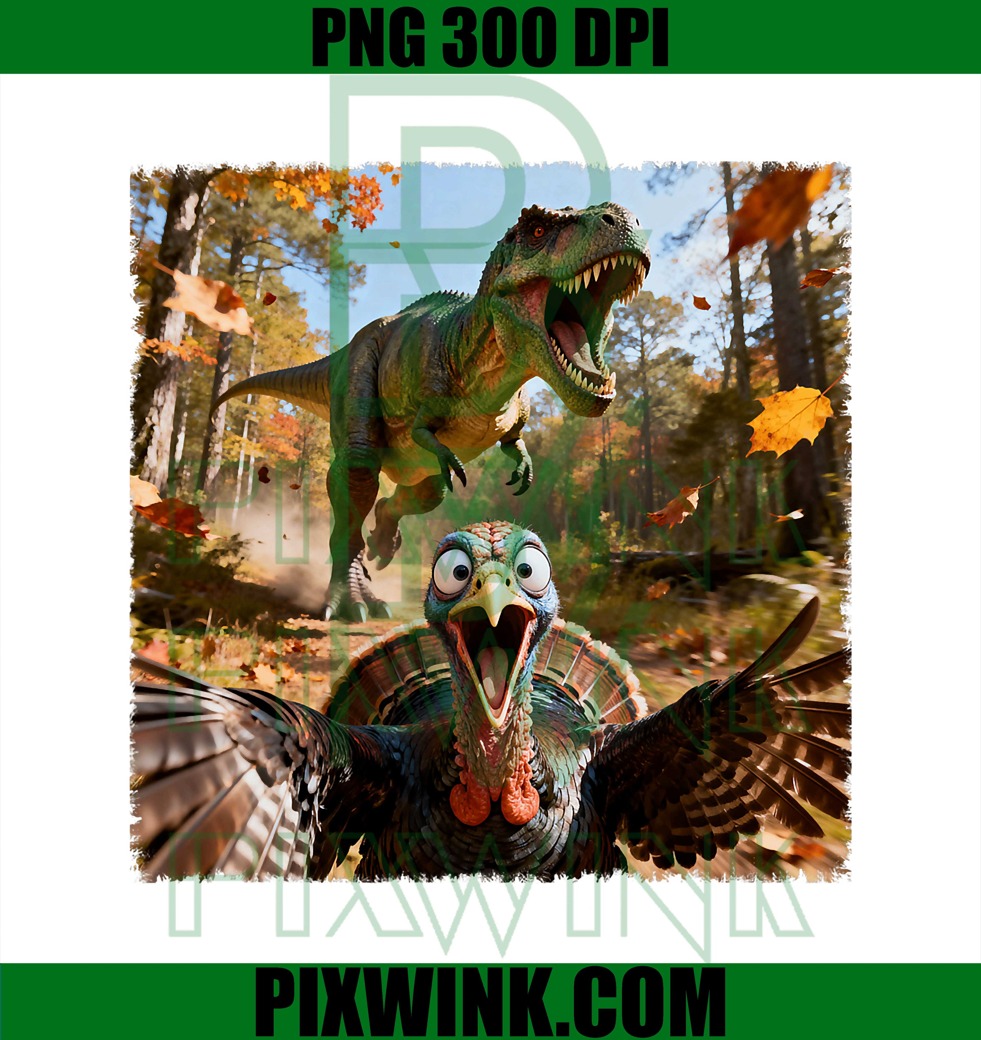 Funny Turkey Selfie with T-Rex Dinosaur Thanksgiving Fall PNG
