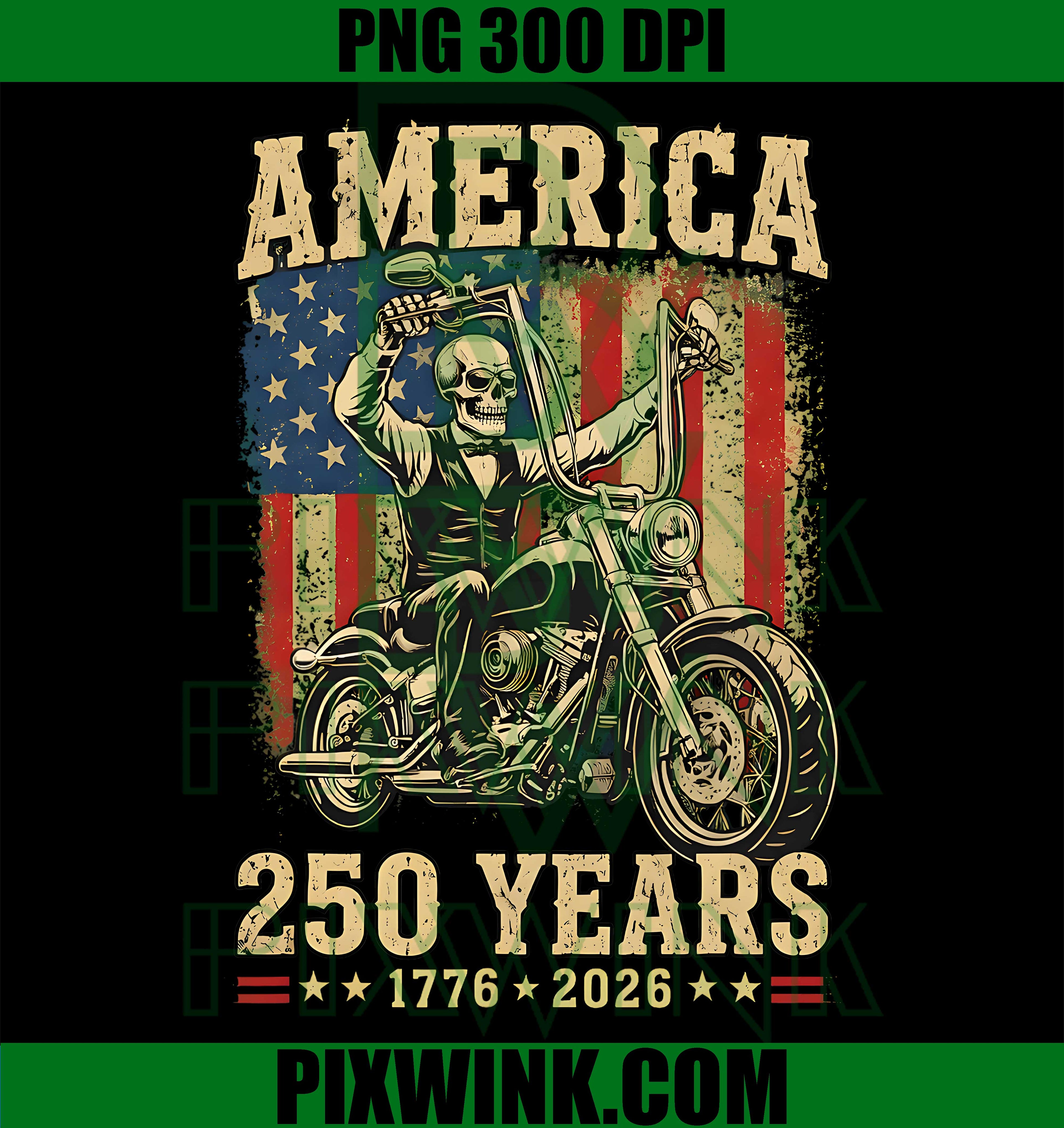 Skeleton Biker Flag PNG, USA 250 Anniversary PNG, 4th July Moto PNG