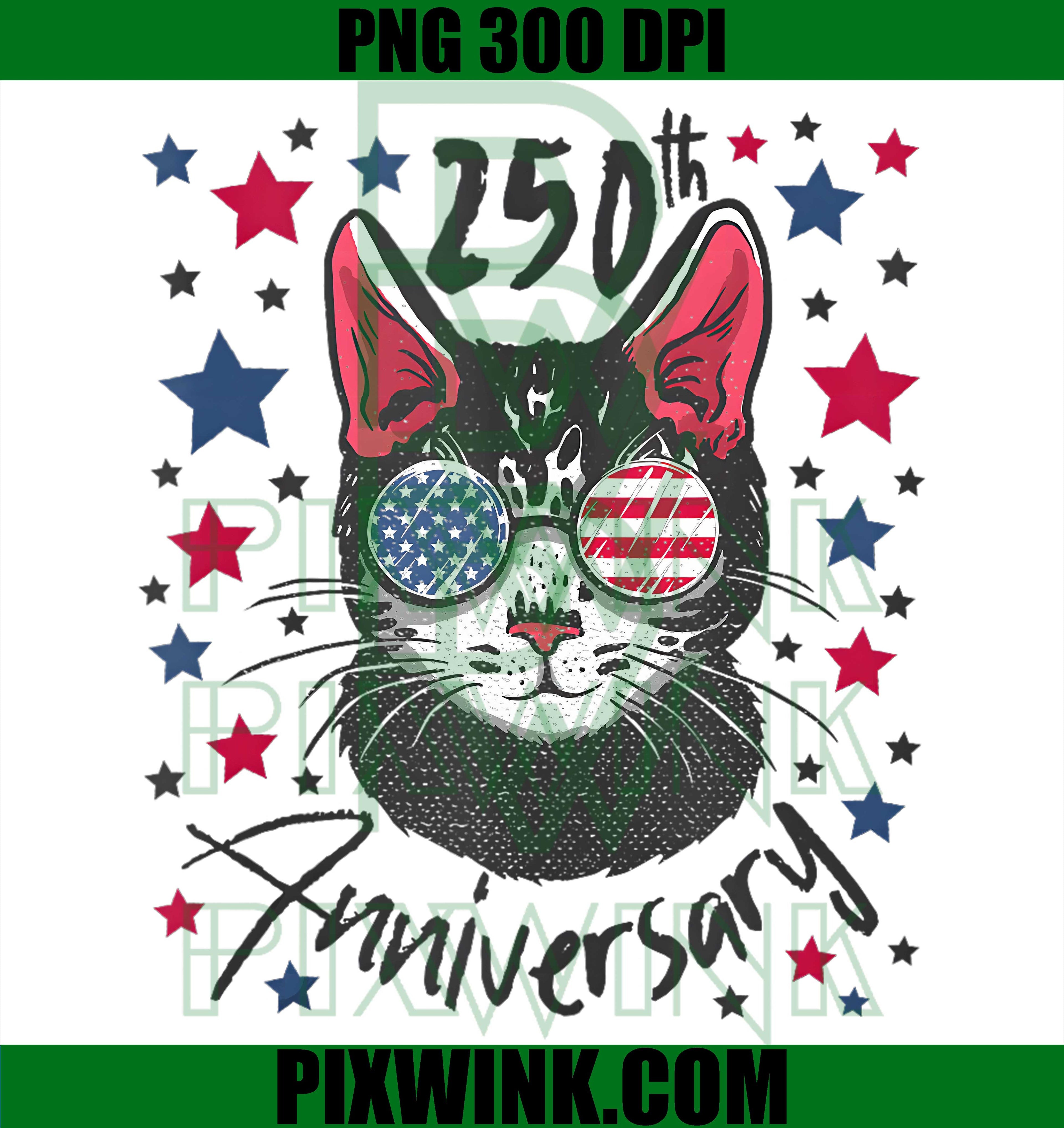 250 Years America Cat Sunglasses PNG, USA Flag Anniversary PNG