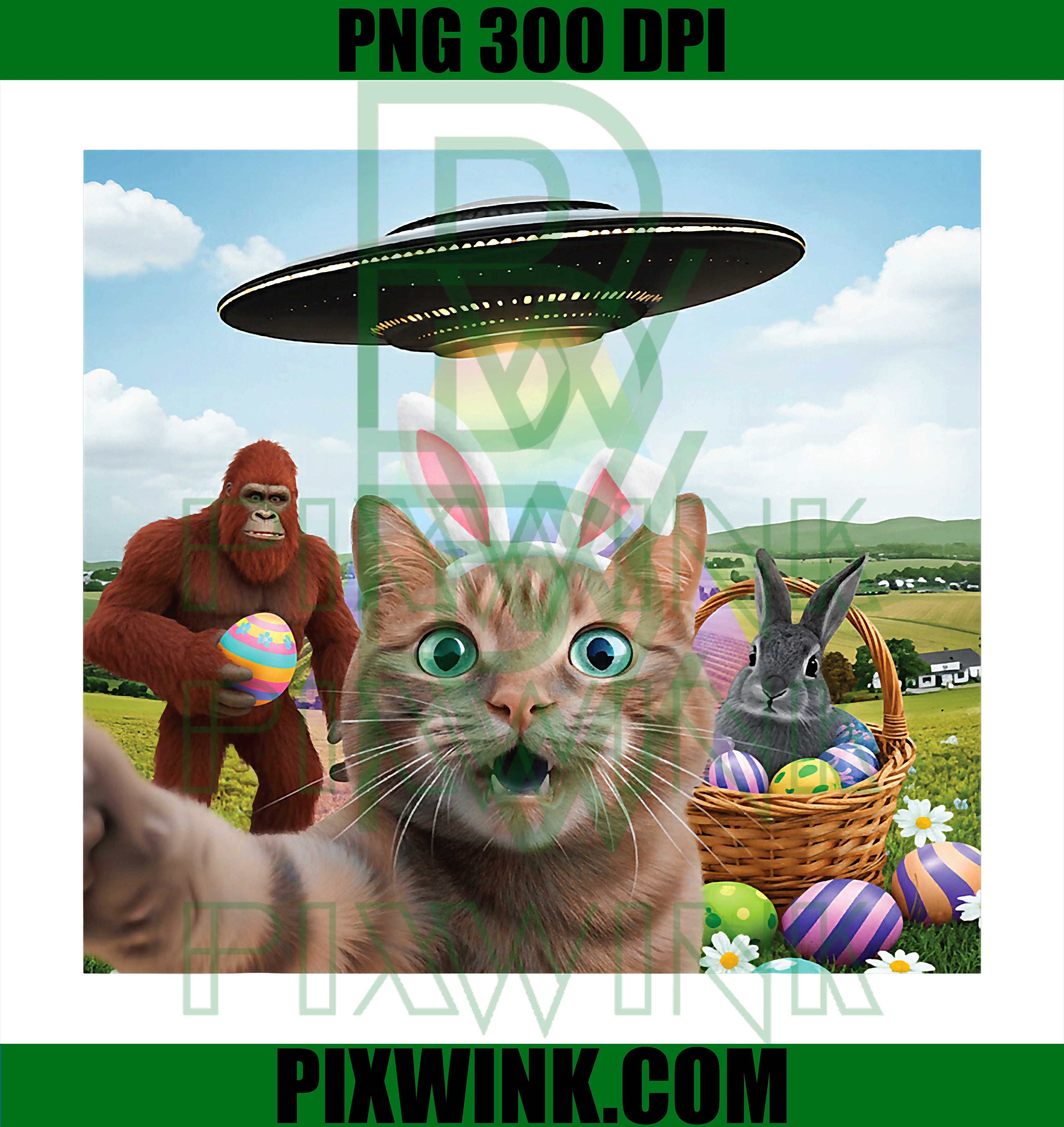 Funny Cat Bunny Bigfoot PNG, Easter Cat Selfie PNG, UFO Bunny Meme PNG