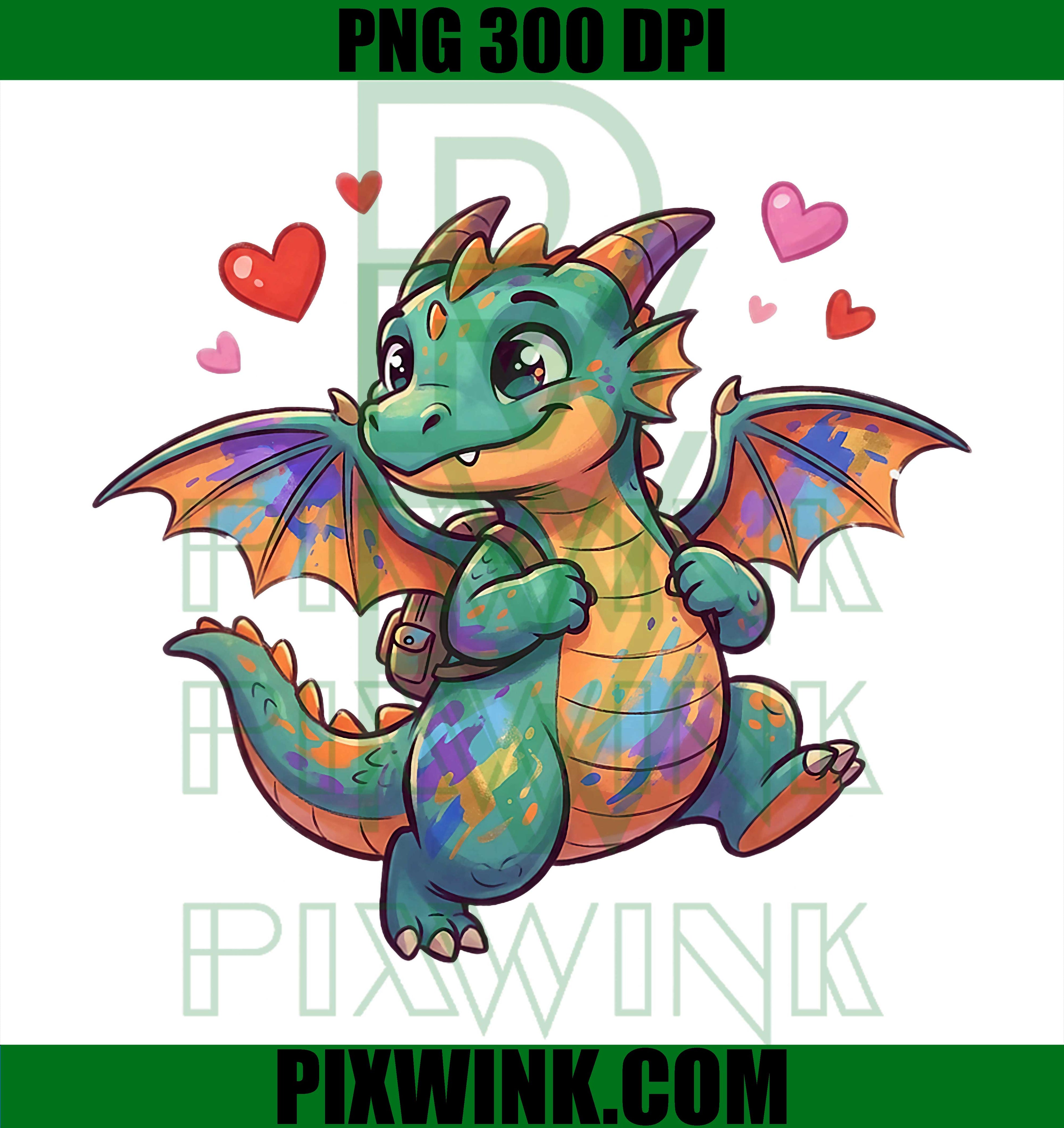 Adorable School Backpack Dragon, Hearts PNG