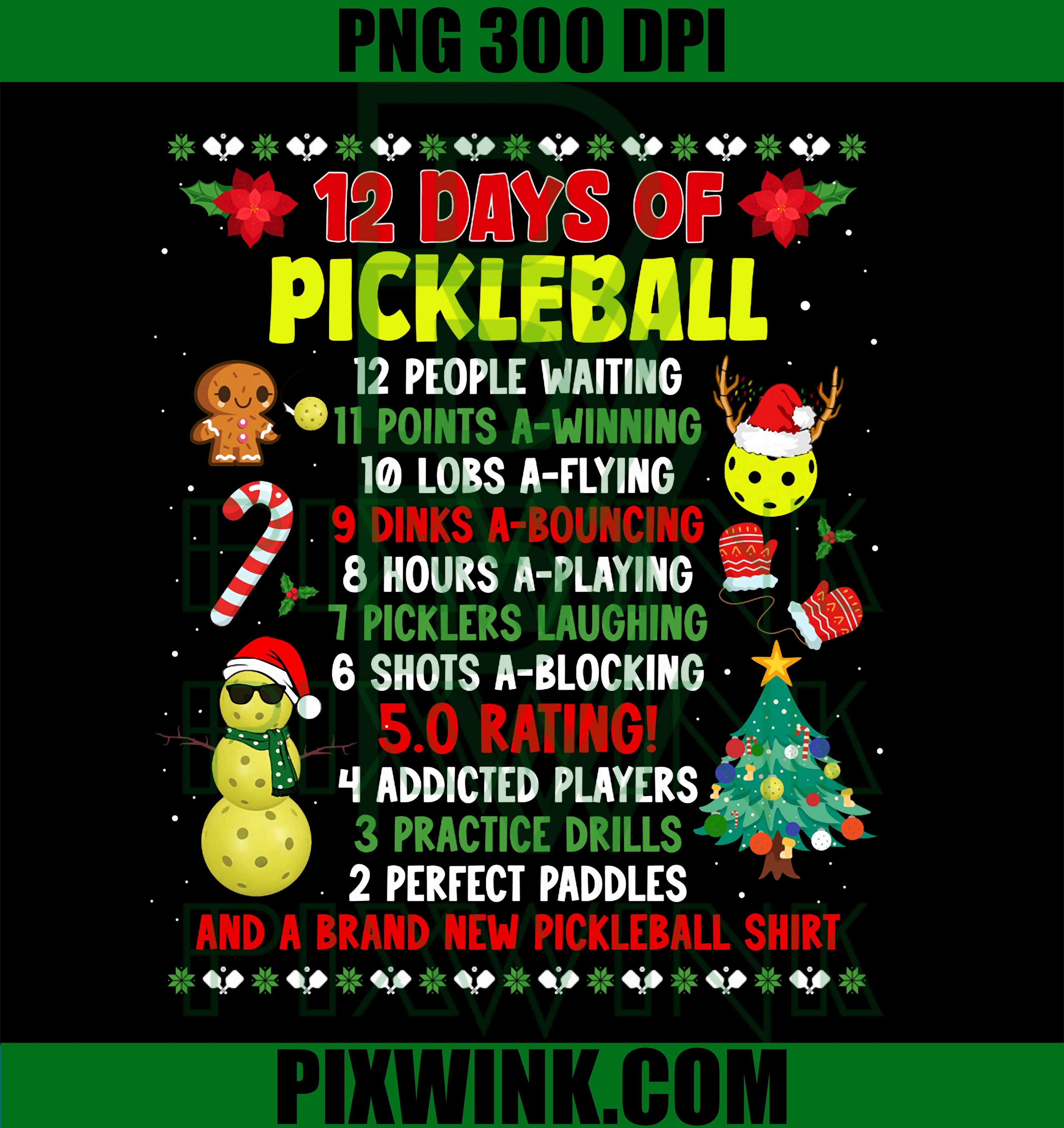 12 Days of Pickleball Christmas Players Holiday Season PNG