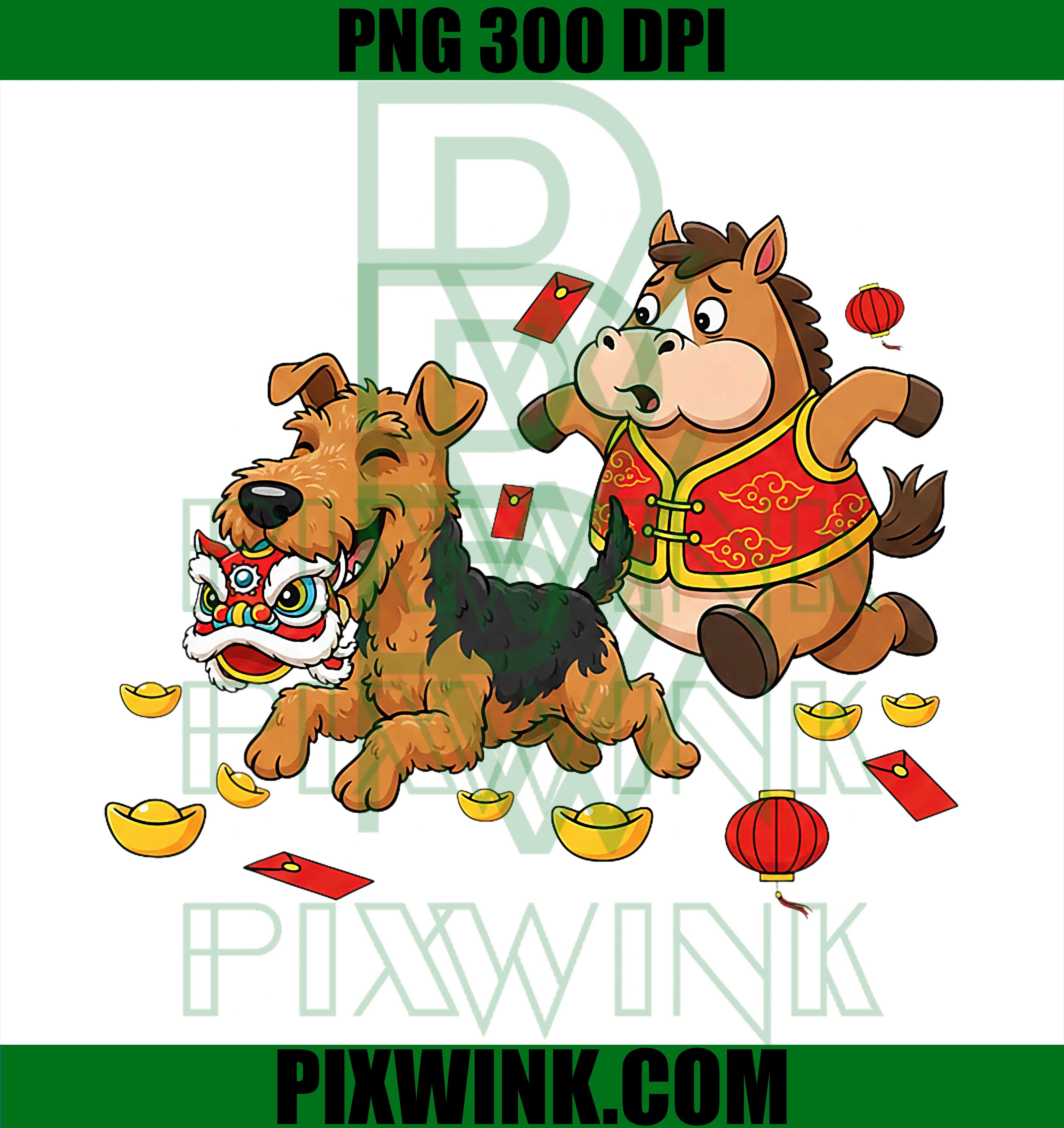 Chinese Horse Airedale Terrier PNG, Happy New Year PNG