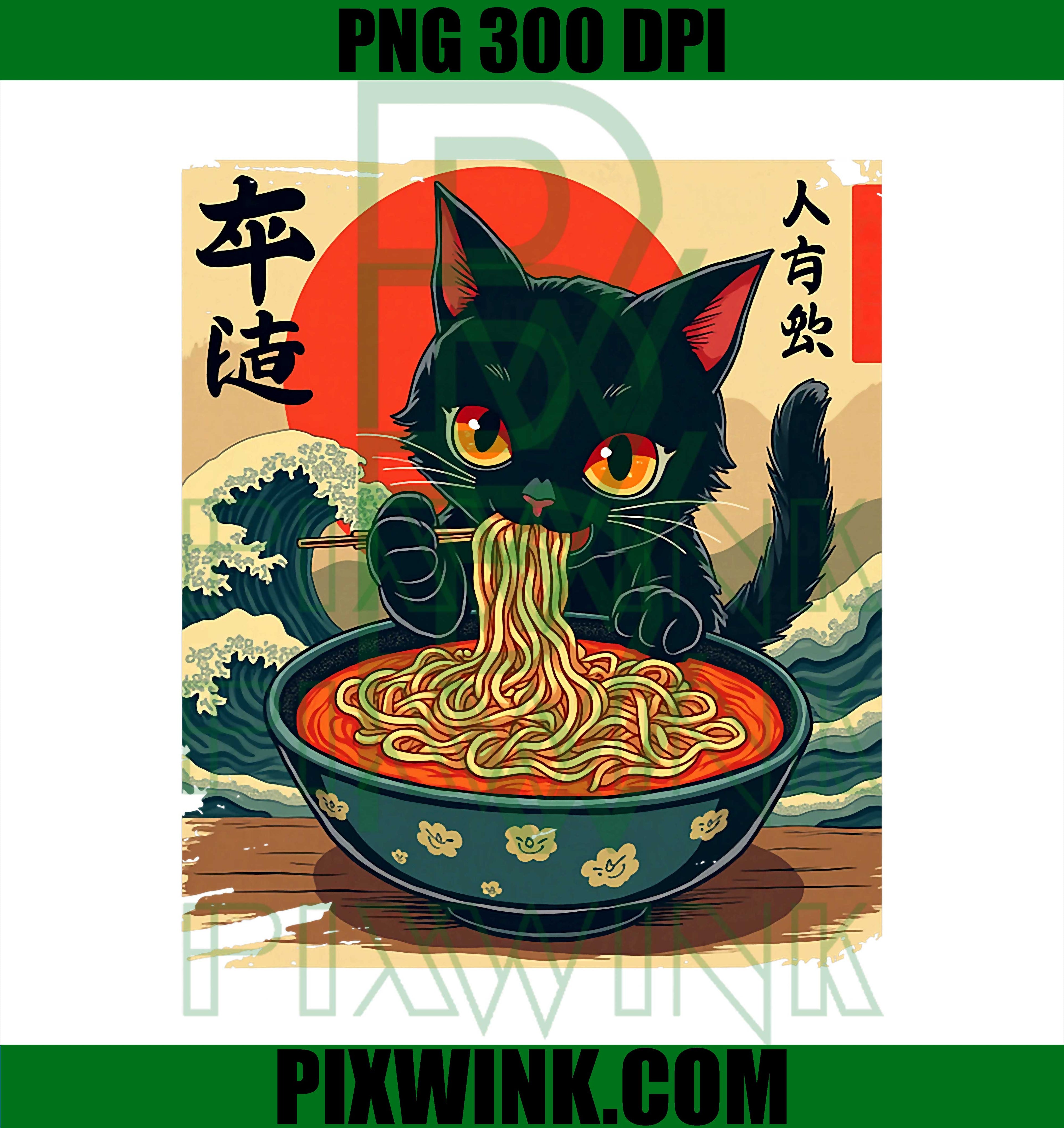Anime Cat Eating Ramen Japanese Art Graphic Cat PNG