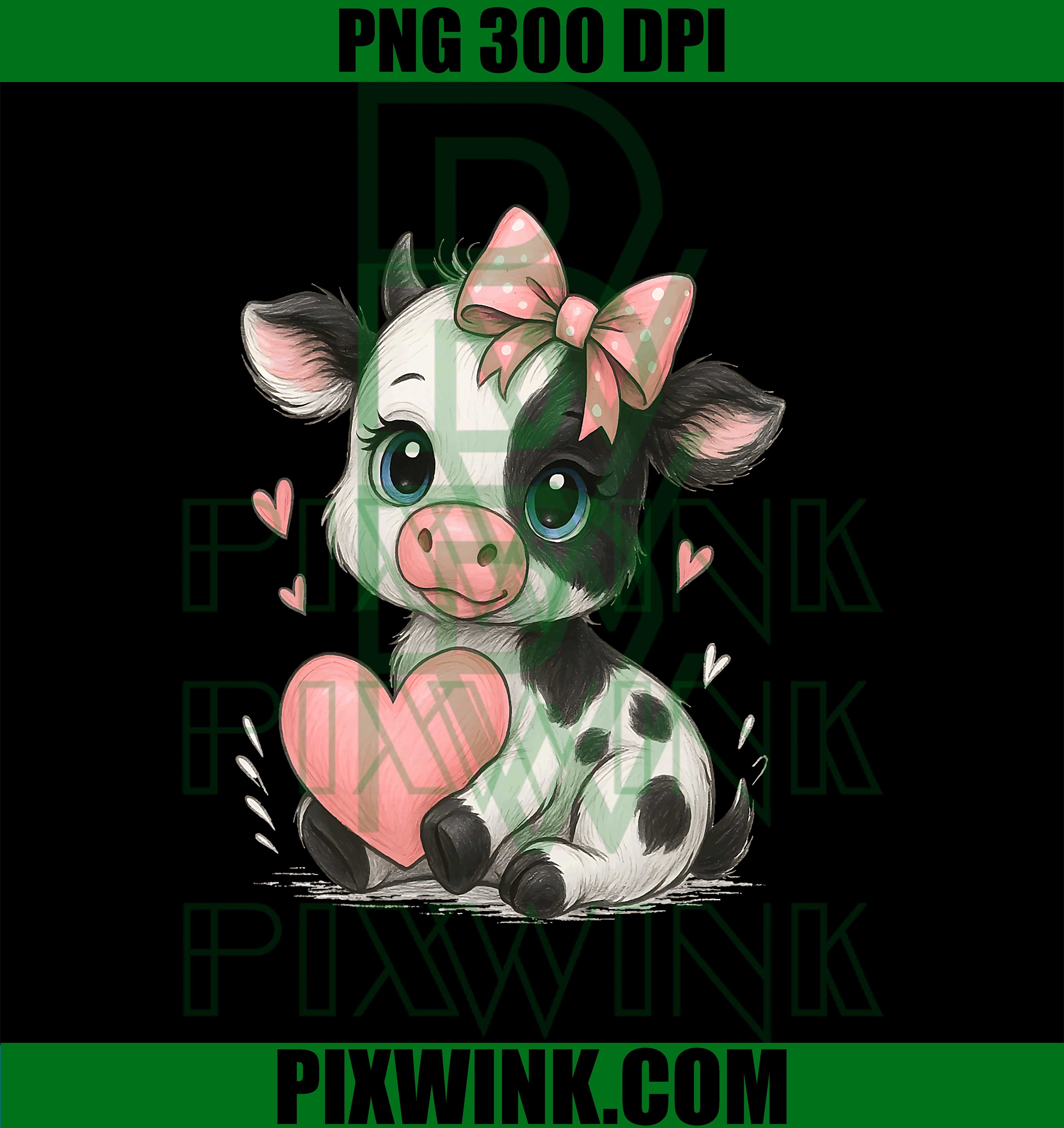 Adorable Baby Cow With Pink Coquette Bow Holding Heart PNG