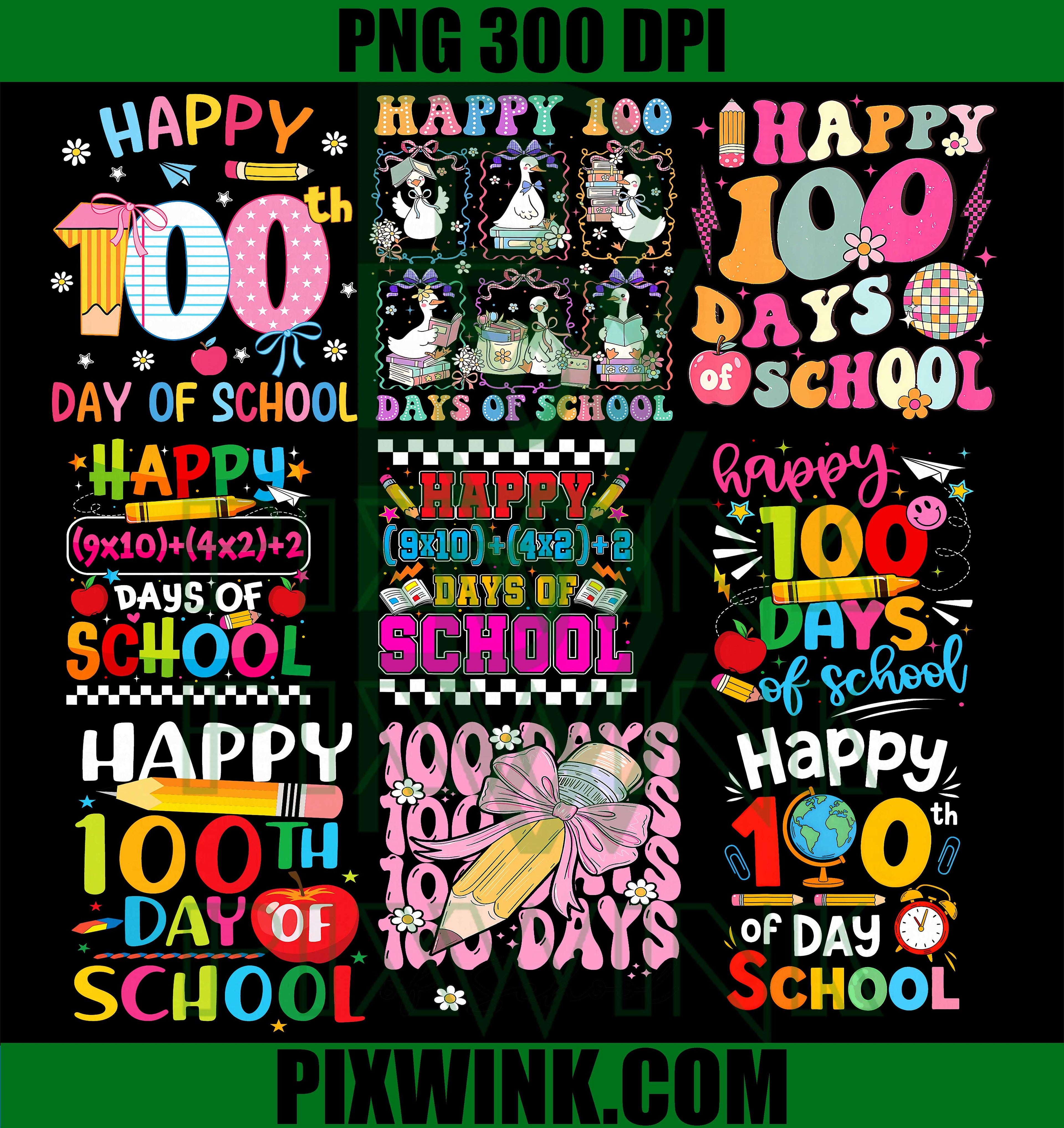 Happy 100th Day Of School PNG Bundle, Collage 100 Days Of School Preppy PNG
