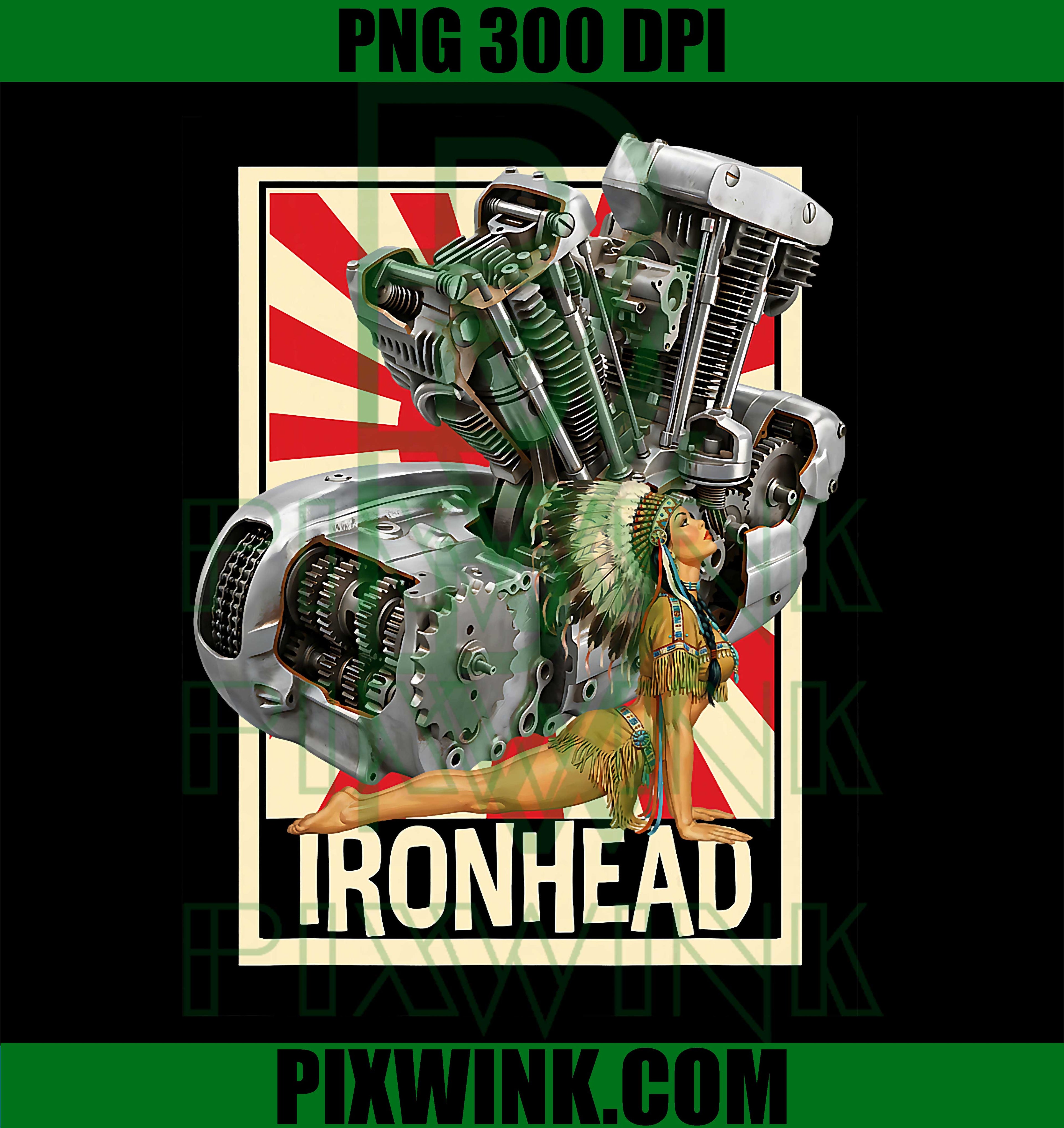 Ironhead Motorcycle Engine Pinup Girl Retro Biker Art PNG
