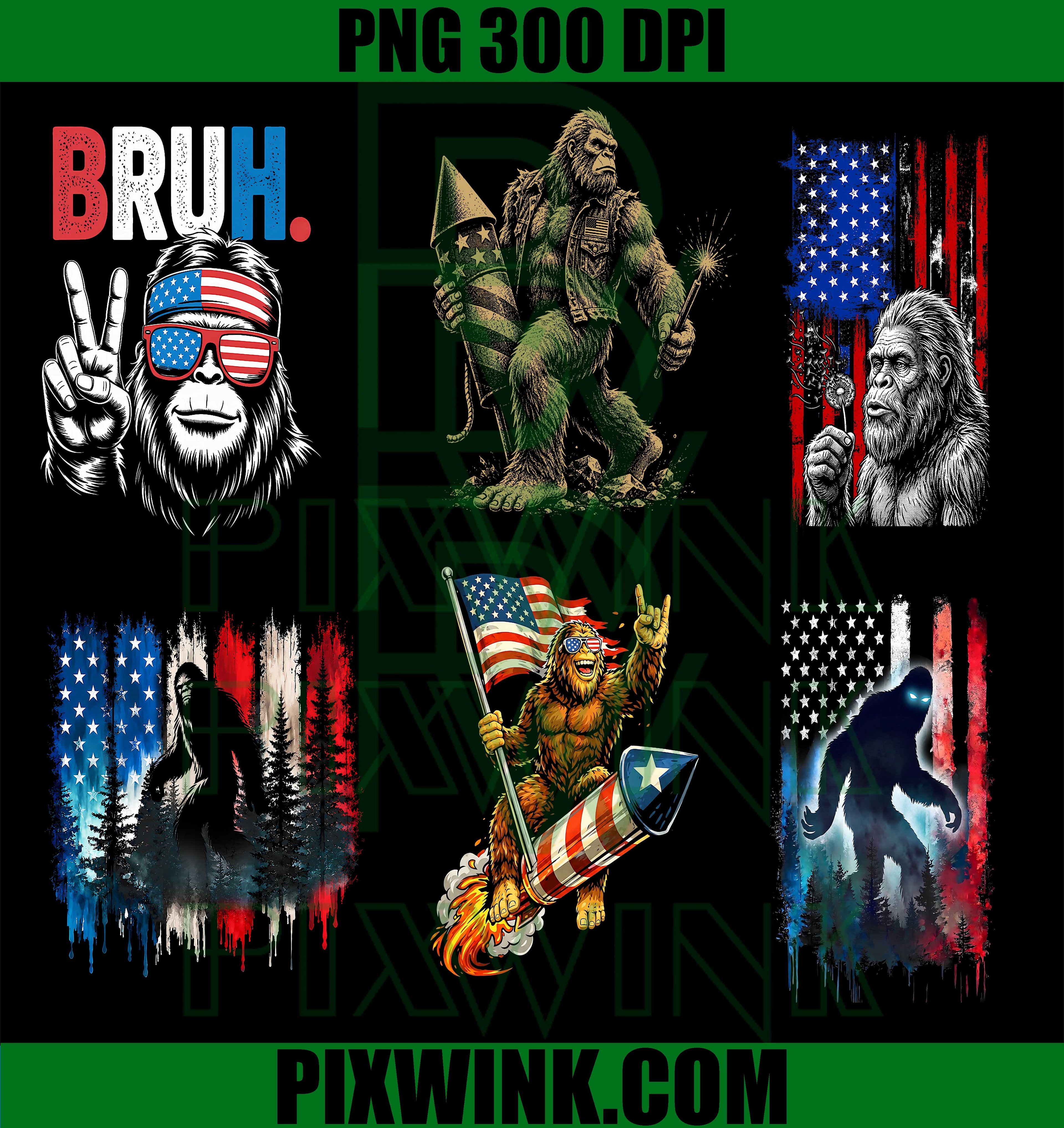 4th of July Bigfoot Rocket Bruh Bundle PNG, USA Flag Sasquatch PNG