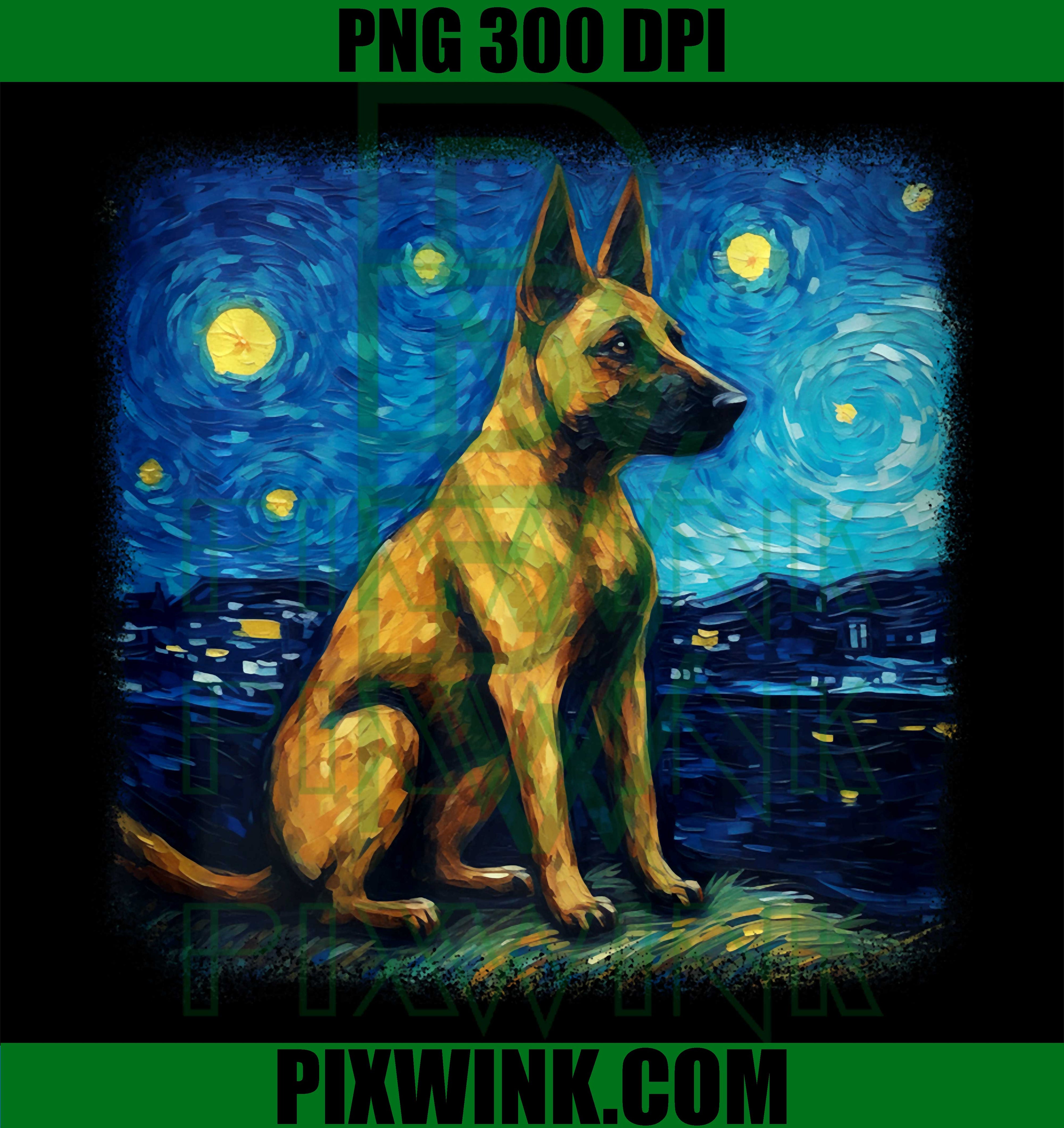 Van Gogh Malinois Starry Night PNG, Belgian Malinois Art PNG