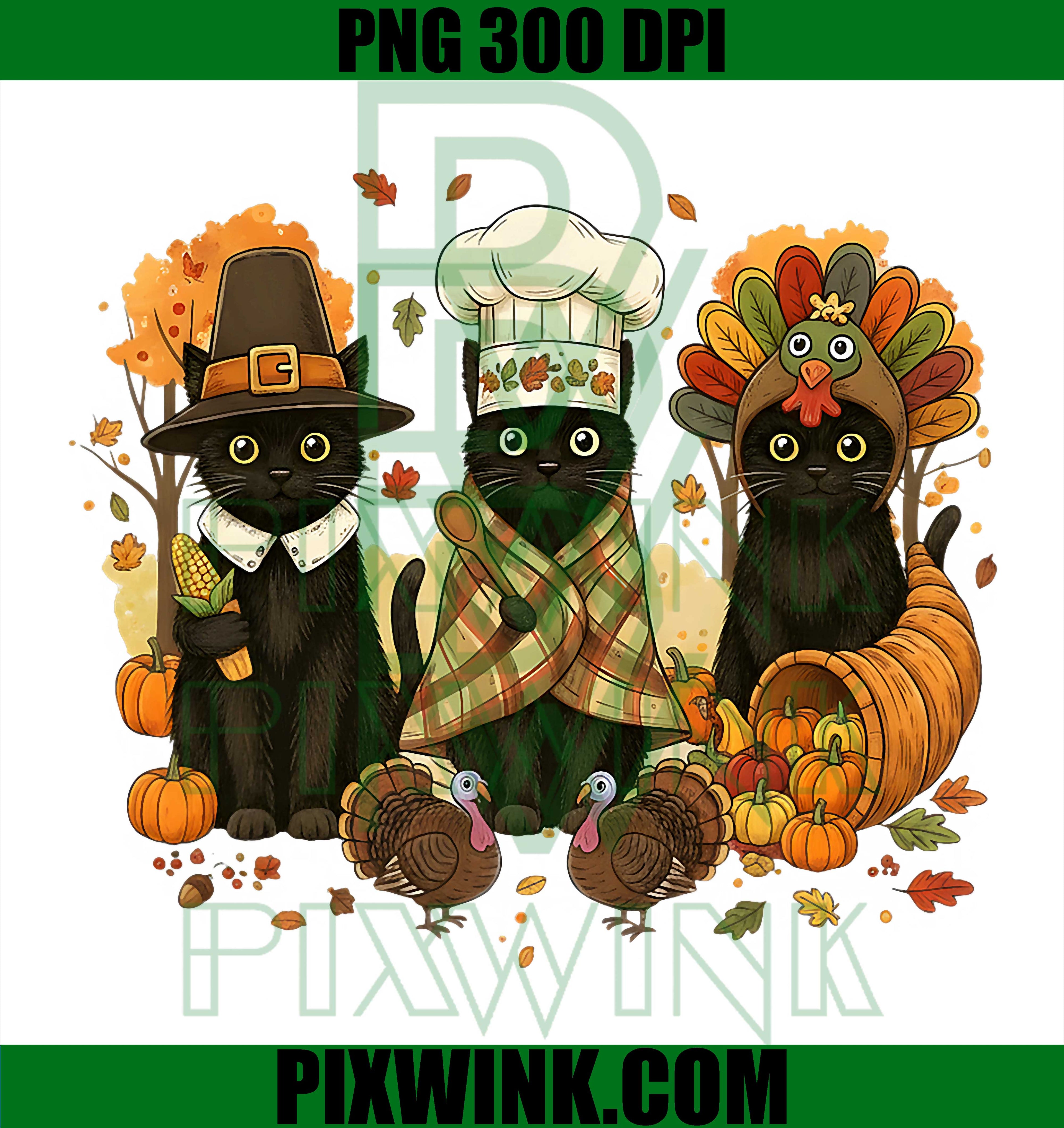 Retro Black Cat Cute Fall Turkey Thanksgiving PNG