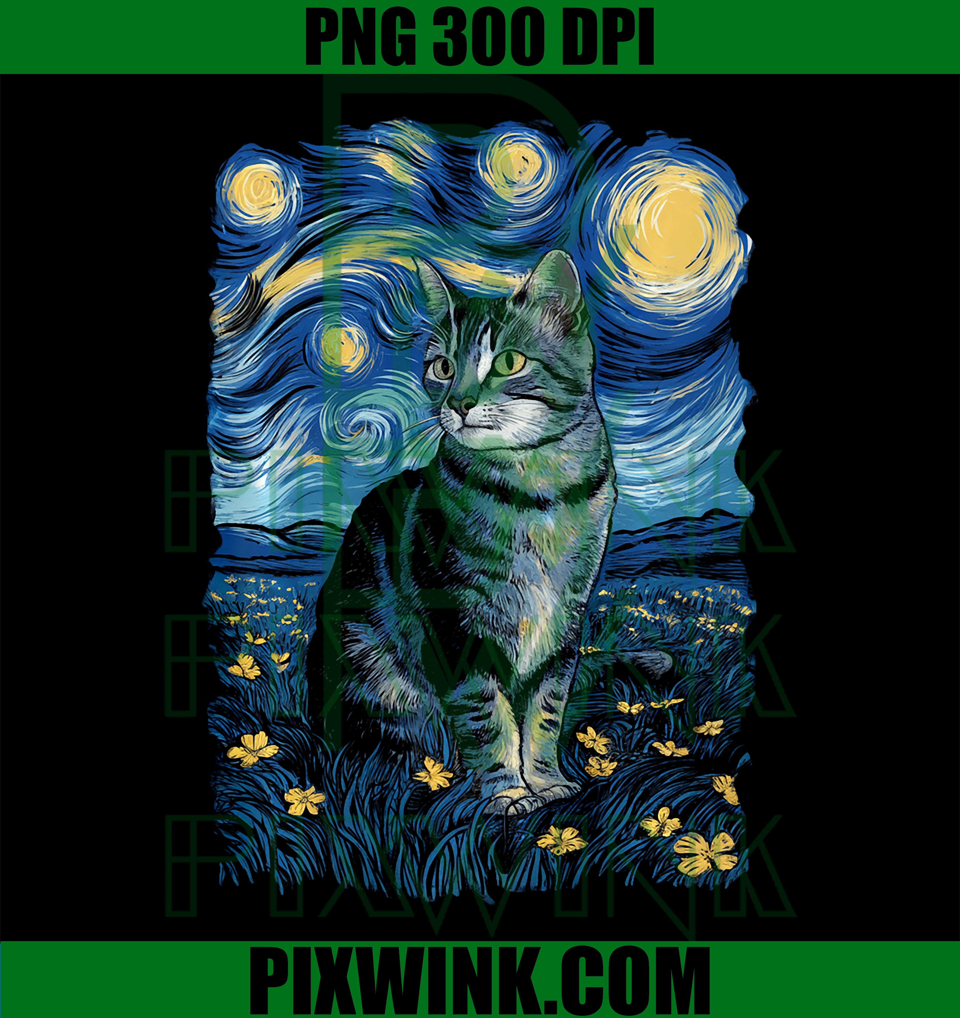 Van Gogh Cat Starry Night PNG, Tabby Cat Art Owner PNG