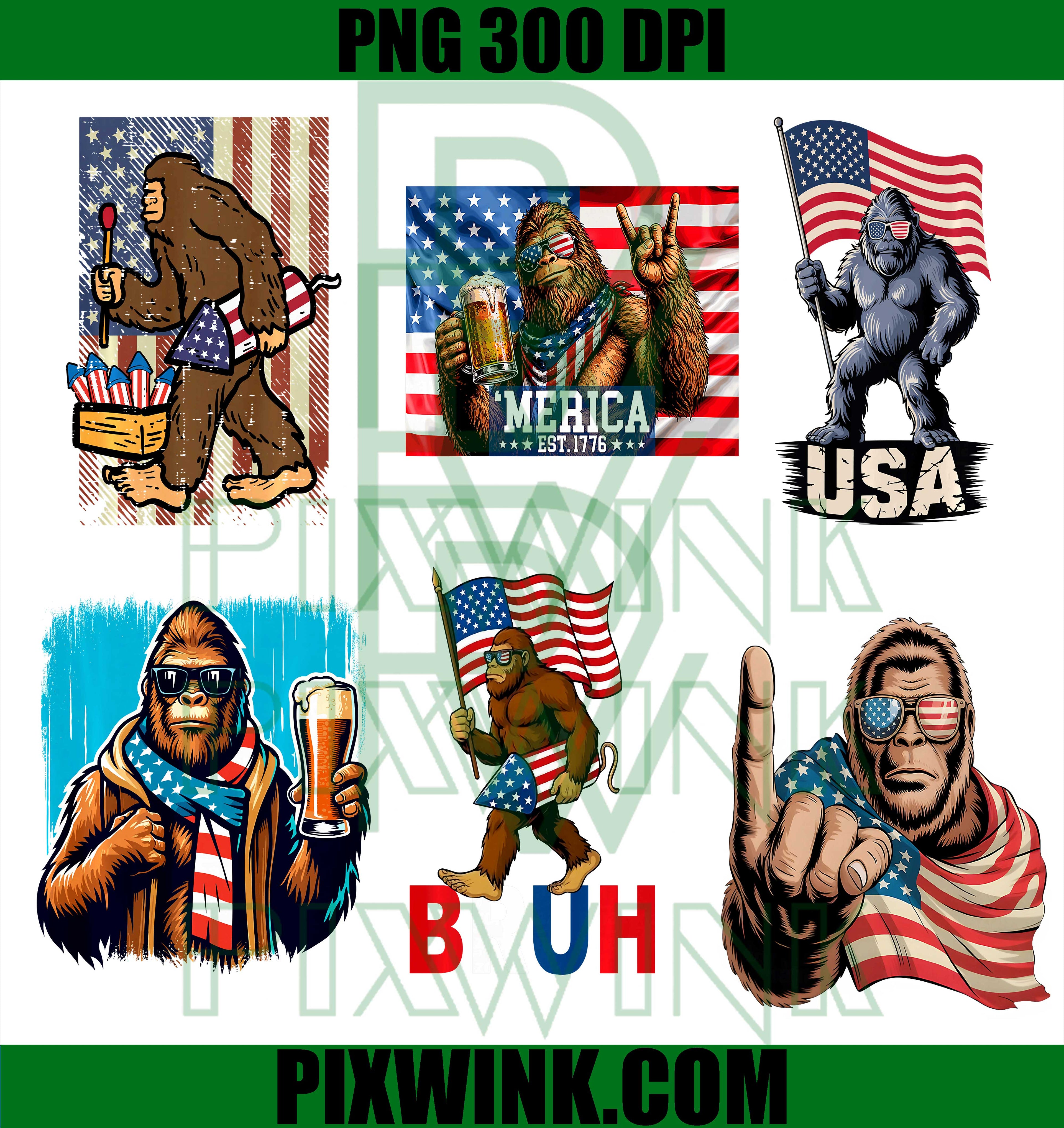 4th of July Bigfoot Beer Bruh Bundle PNG, USA Flag Sasquatch PNG
