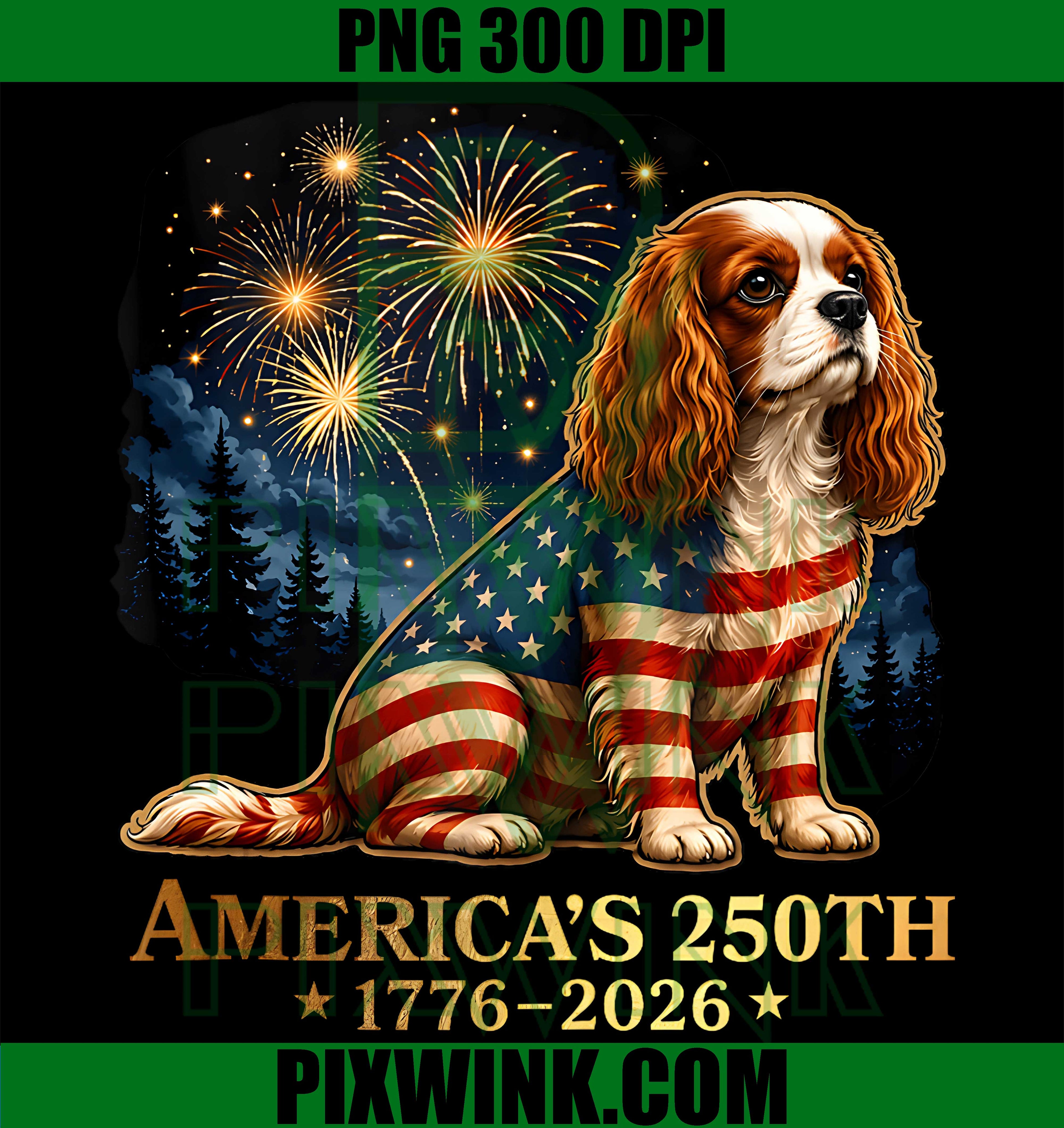 Patriotic Cavalier PNG, King Charles Spaniel Dog PNG, America's 250th PNG