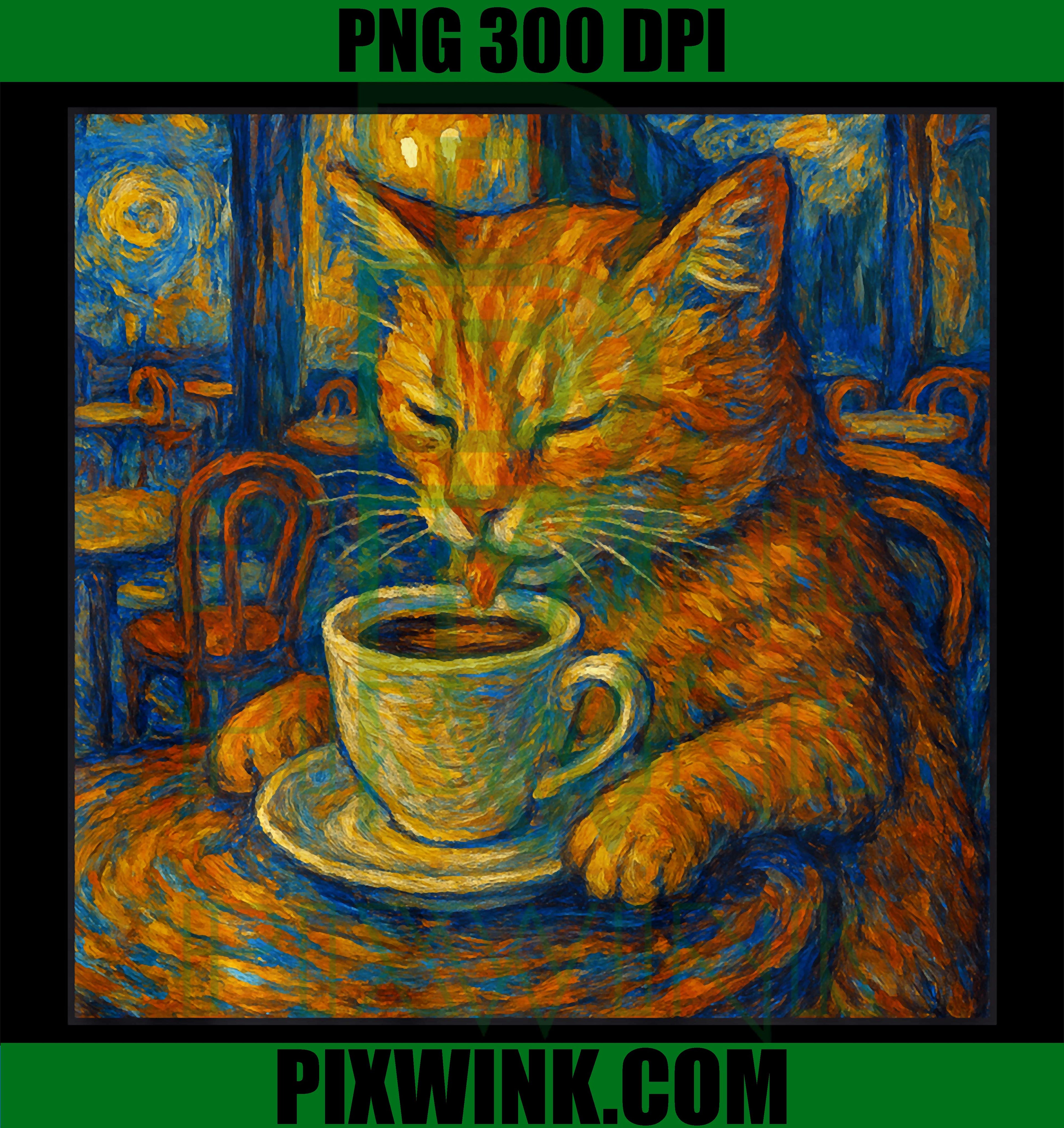Van Gogh Cat Painting PNG, Artistic Coffee Cat Lover PNG