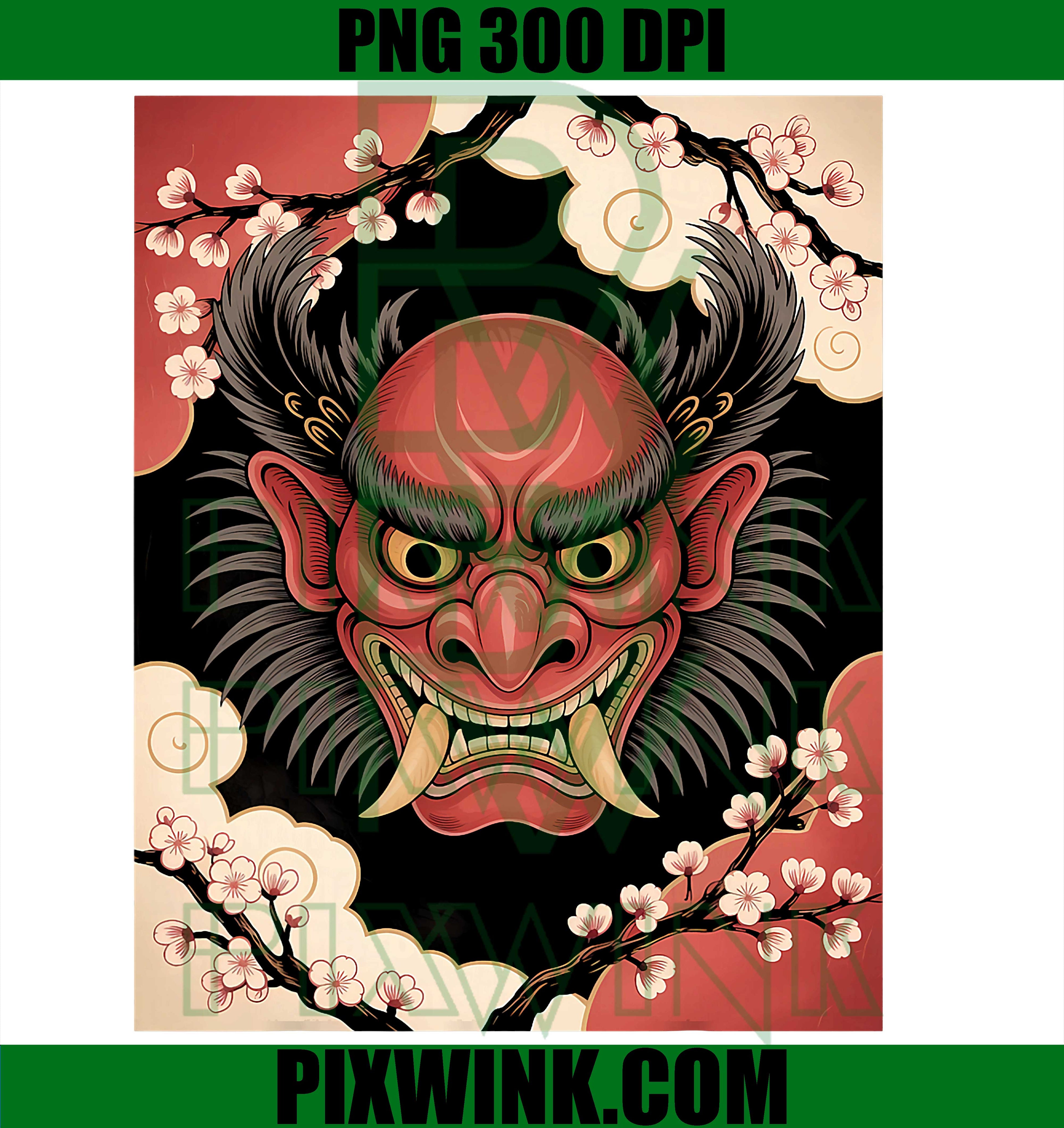 Fierce Tengu Mask Japanese Cherry Blossom Art PNG