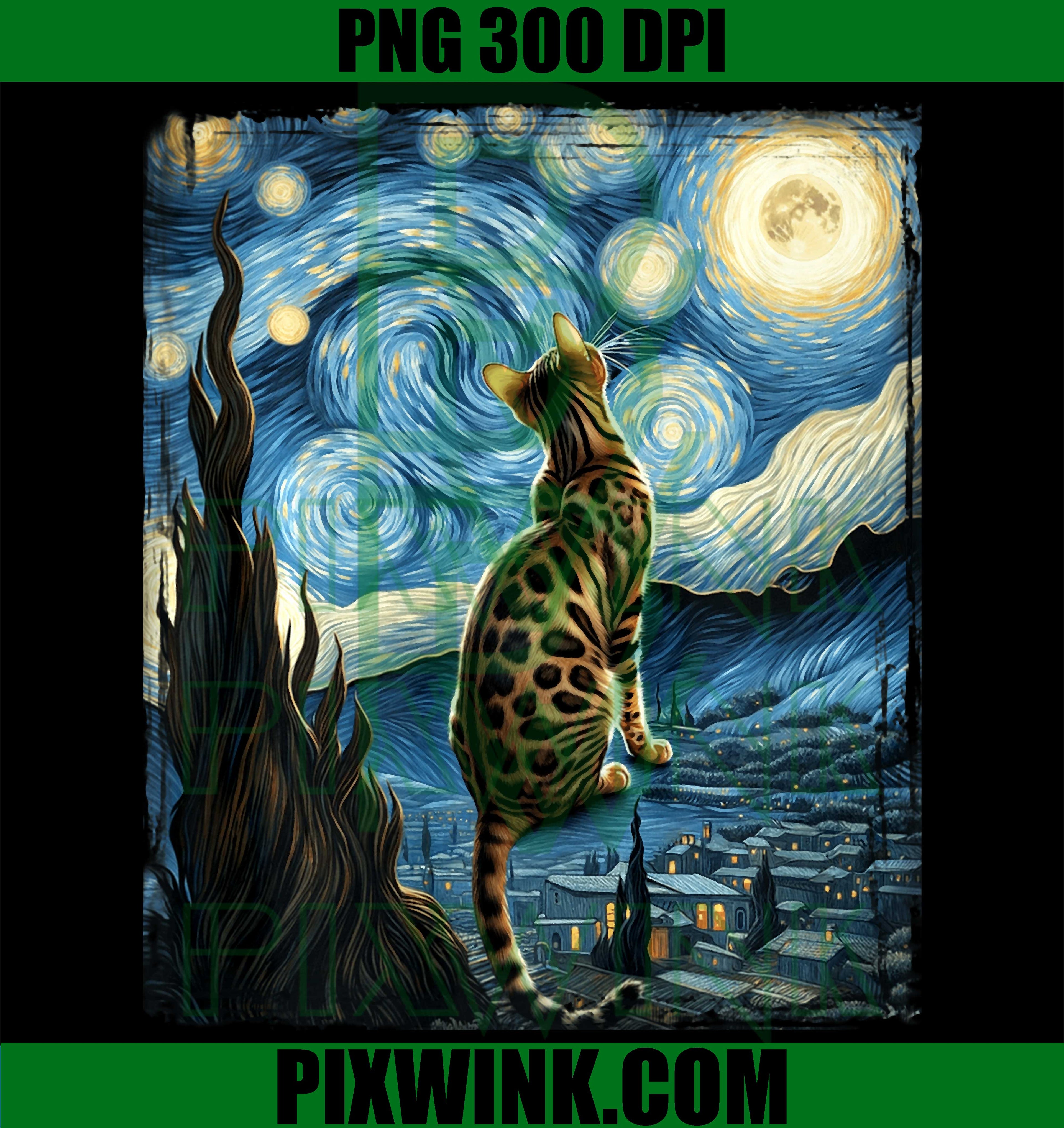 Van Gogh Bengal Cat PNG, Starry Night Style Cat Art PNG