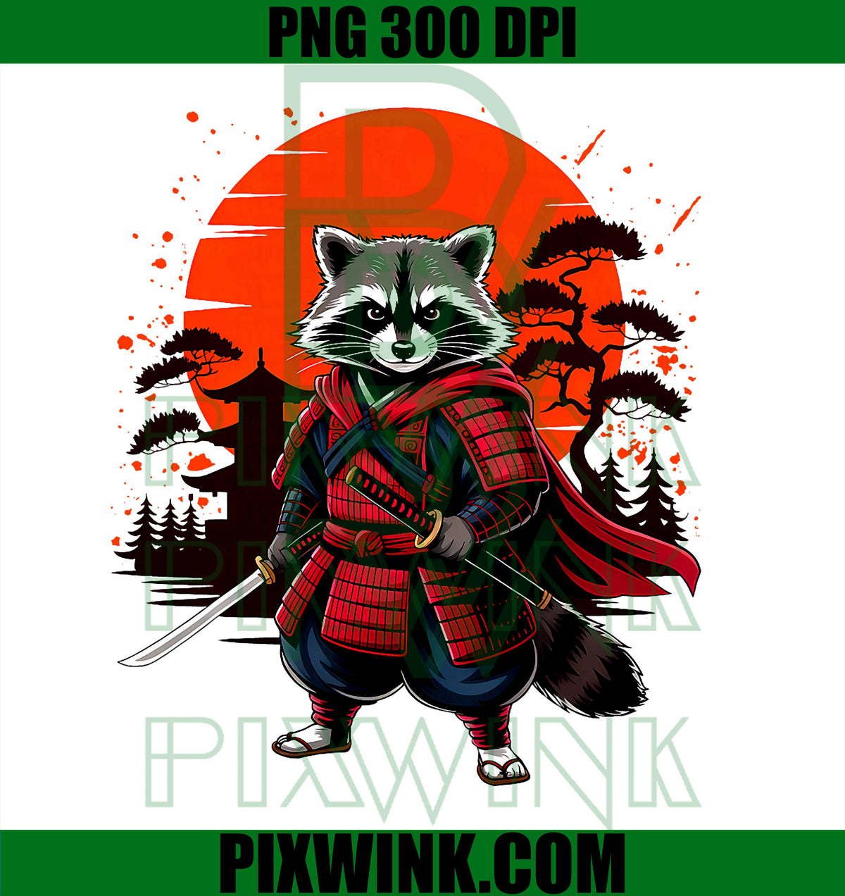 Japanese Samurai Raccoon PNG, Warrior Vintage Style Graphic PNG