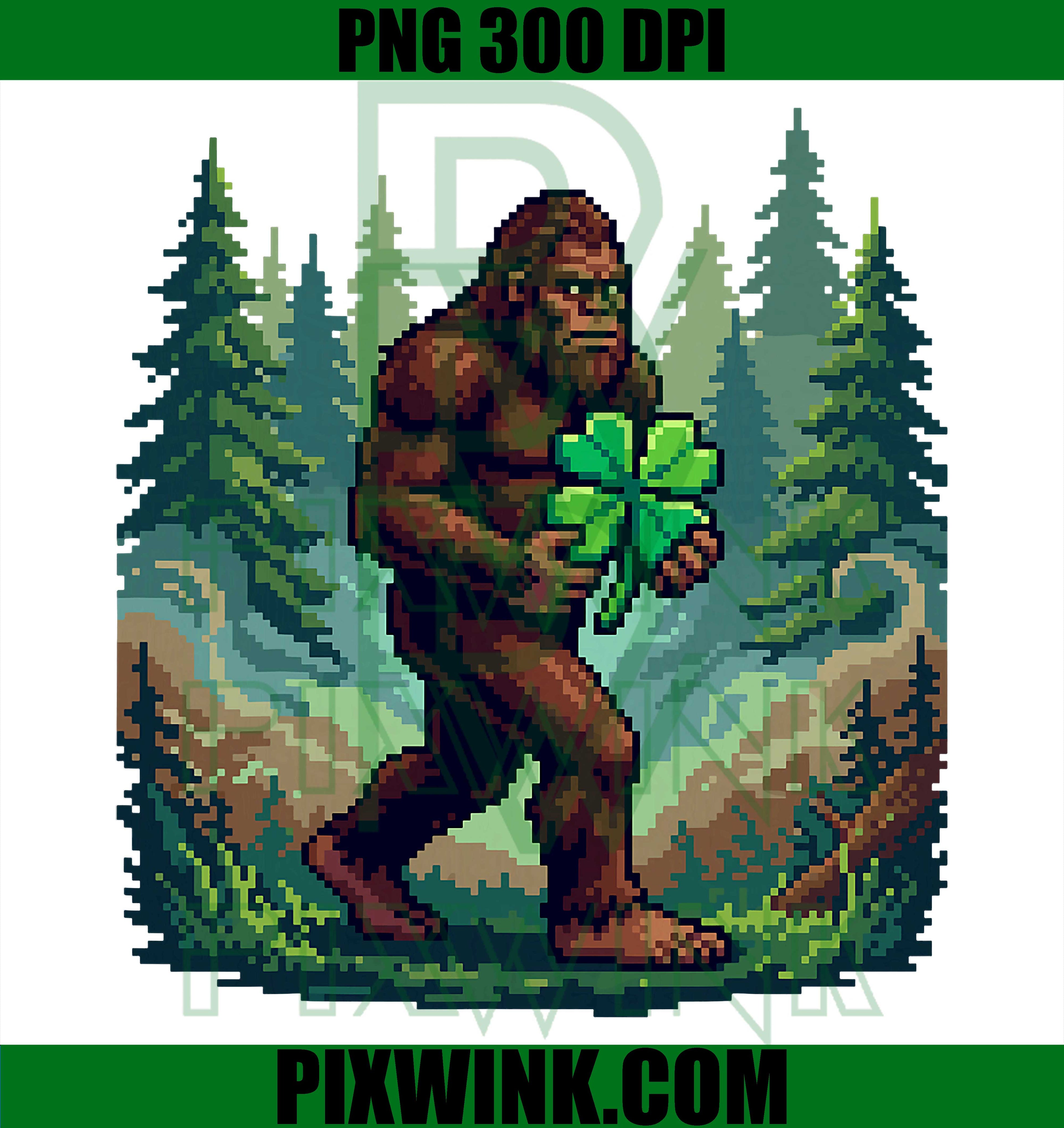 St Patricks Day Bigfoot PNG, Sasquatch Shamrock Lucky Pixel Art Graphic Design PNG