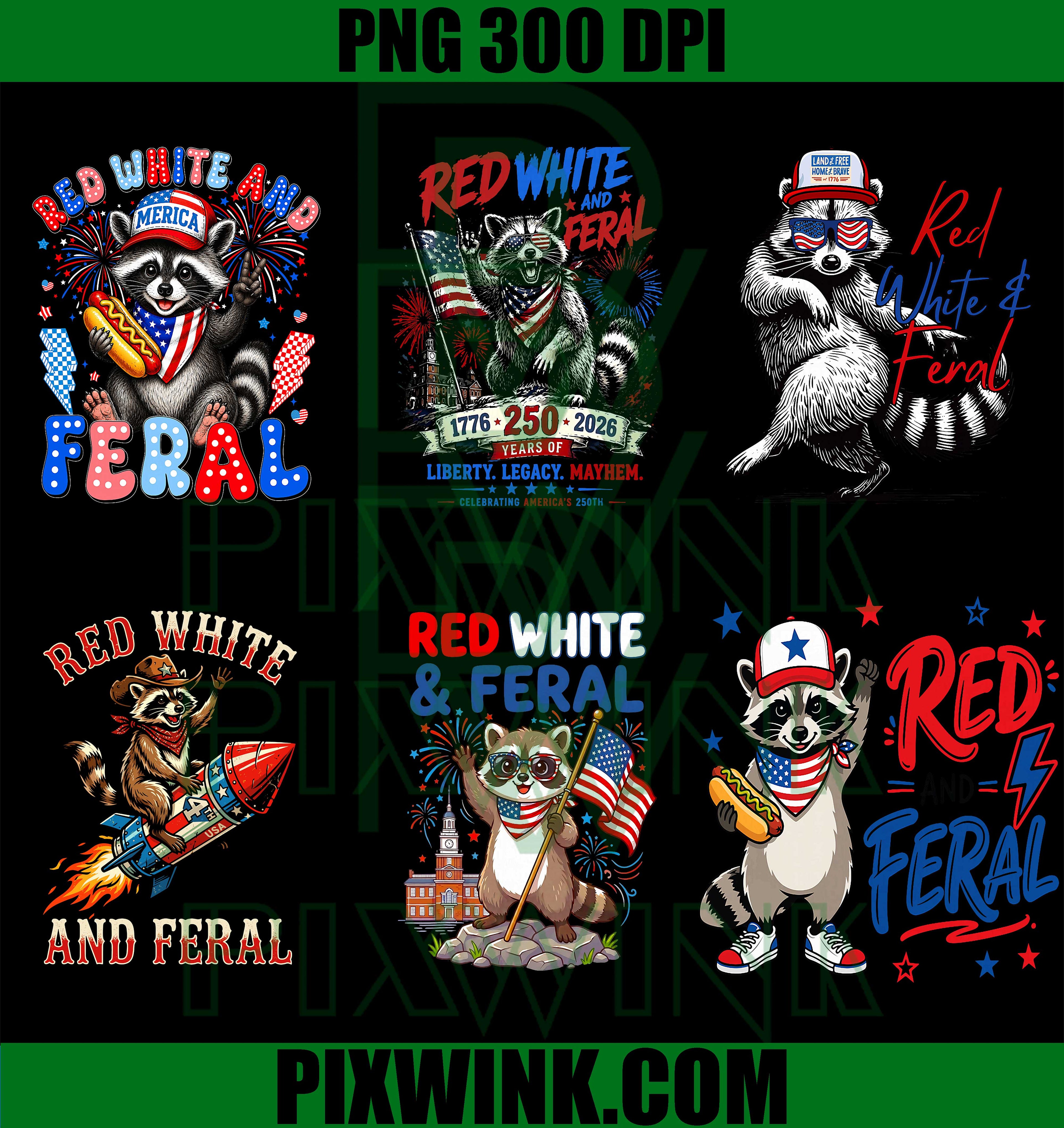 Red White And Feral Raccoon Bundle PNG, Patriotic USA Flag PNG