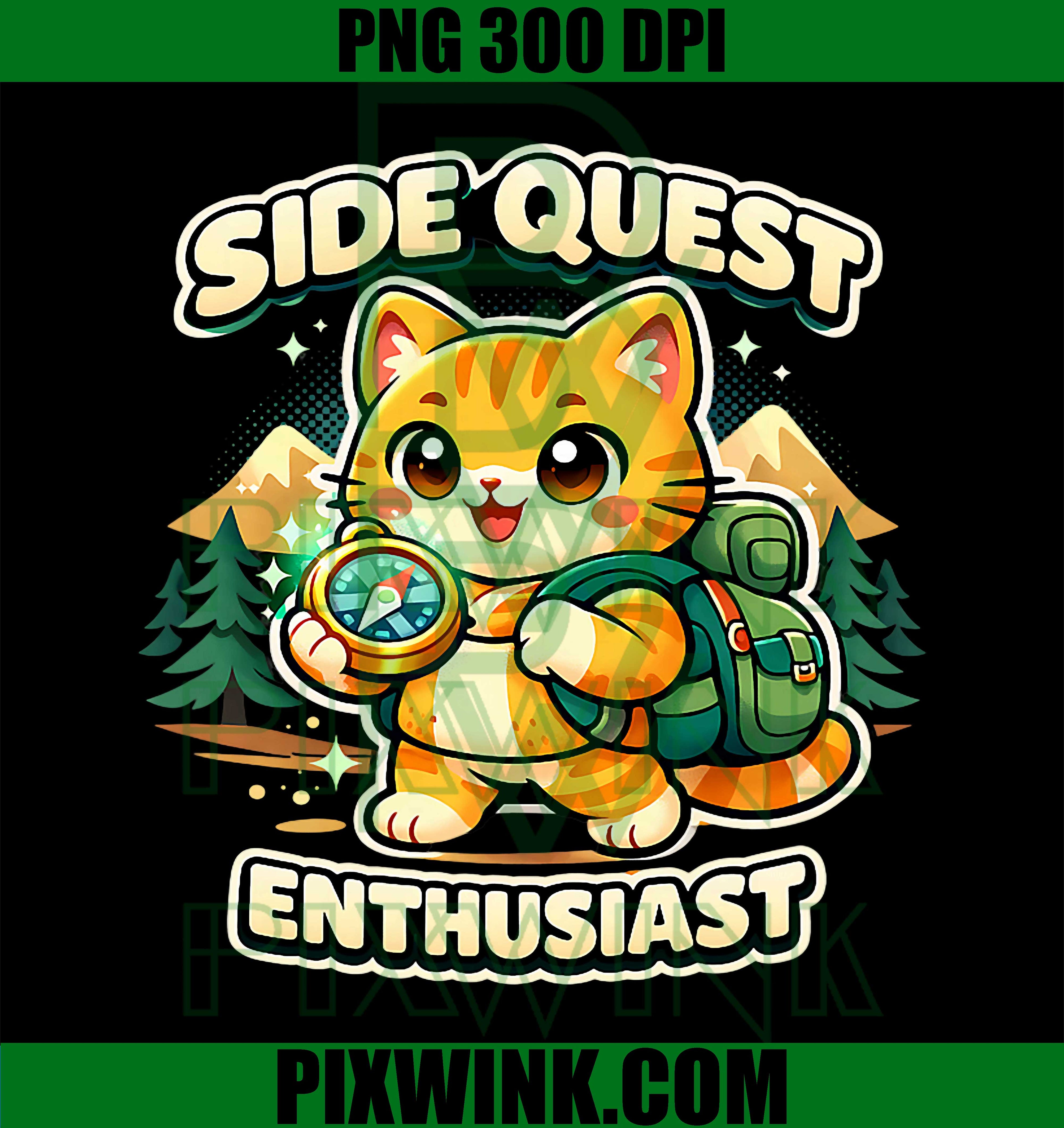 Funny Side Quest Cat Gamer PNG, RPG Adventure Meme PNG