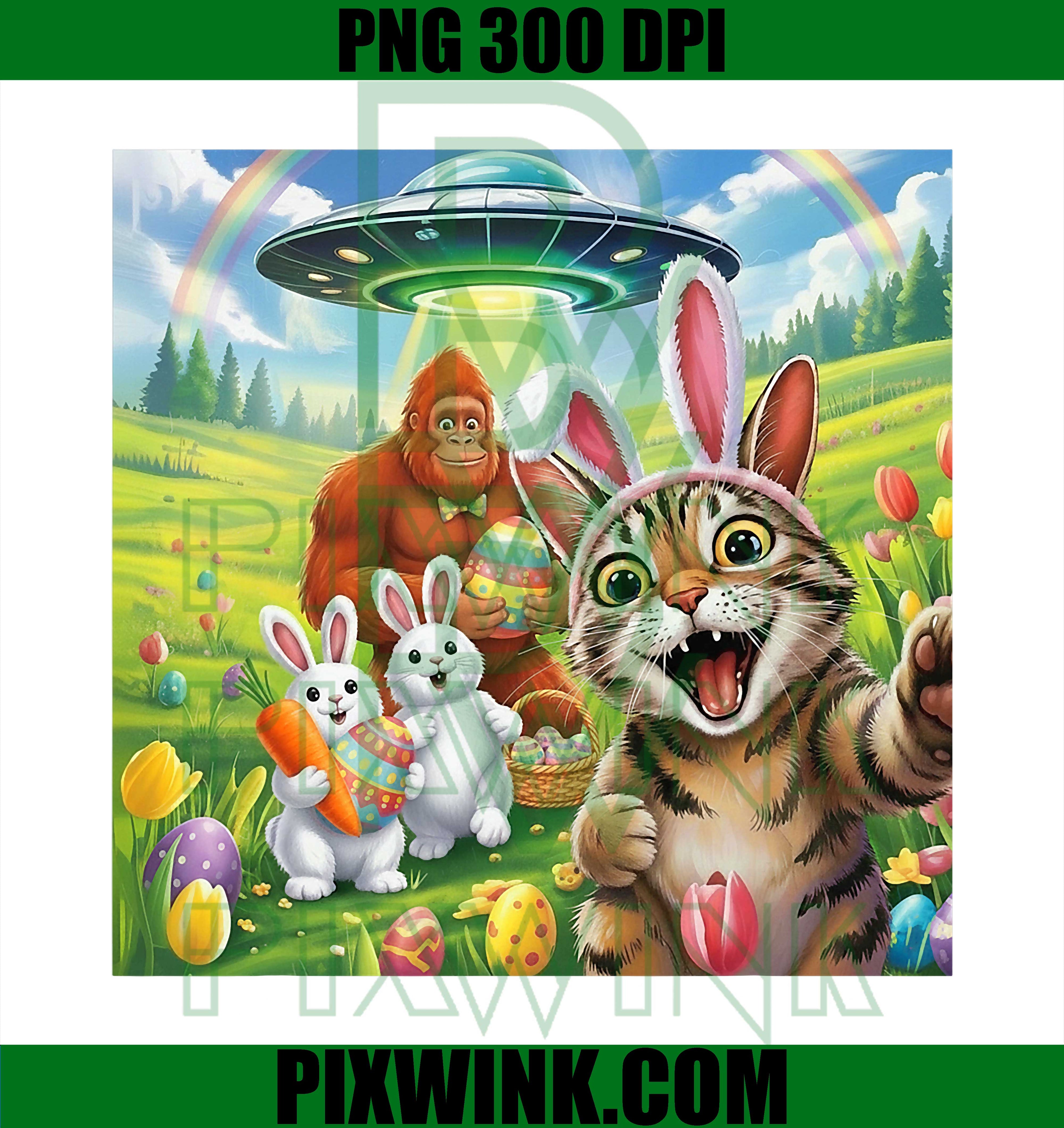 Funny Cat Bunny Bigfoot PNG, Easter Cat UFO PNG, Bunny Selfie Meme PNG
