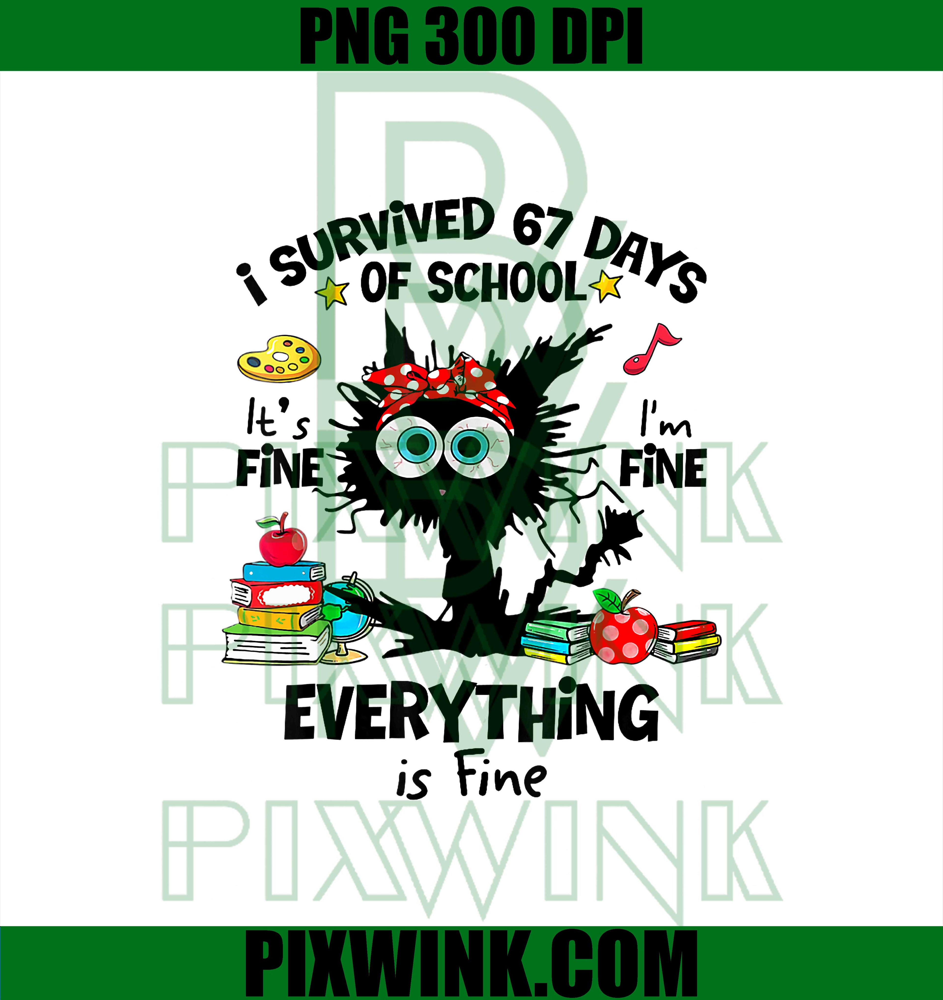 Cat I Survived 67 Days of School PNG, Funny 6 7 Meme, It's Fine I'm Fine PNG