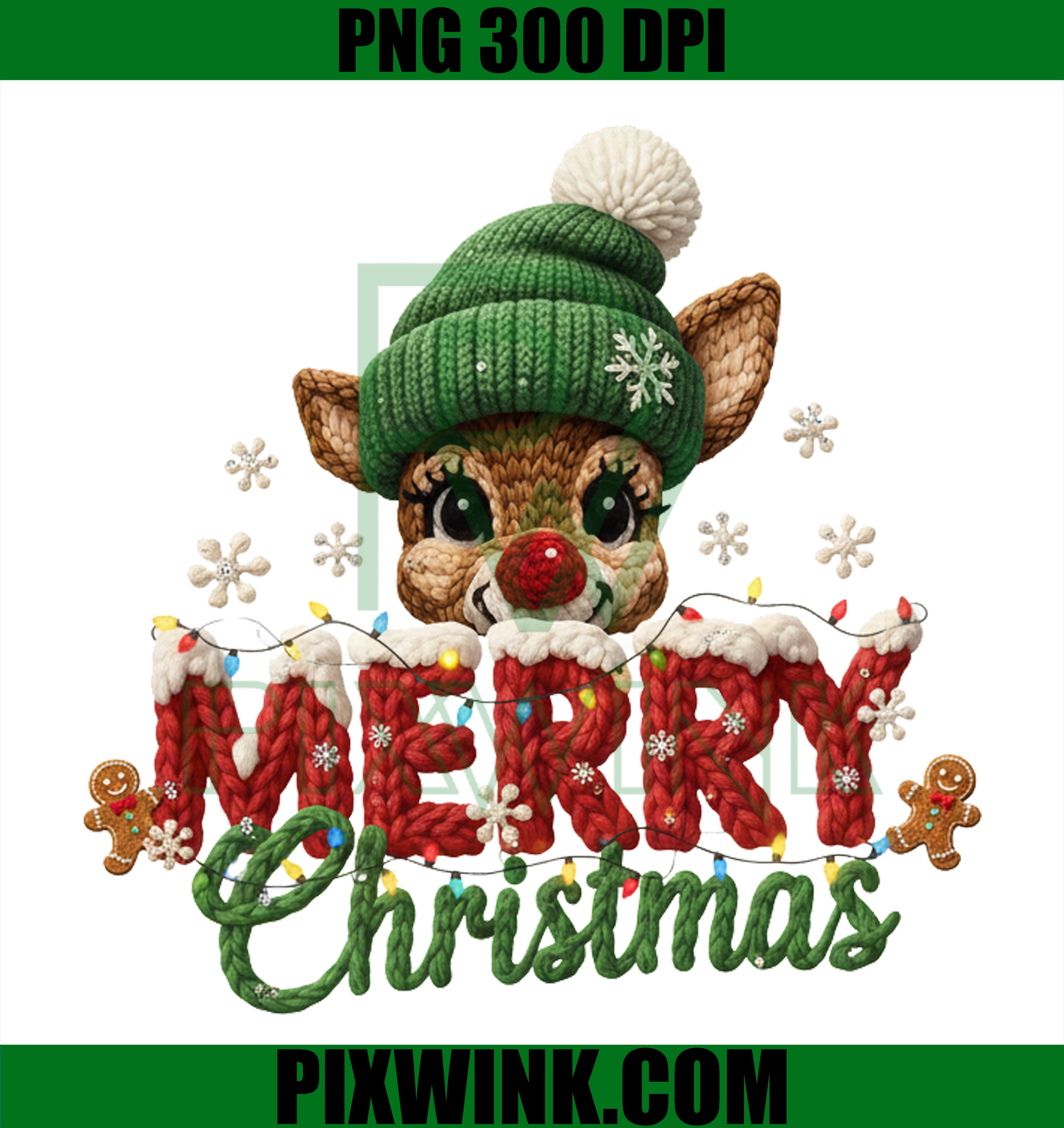 Christmas Reindeer PNG, Knitted Style Merry Christmas Design, Cute Holiday Clipart, Printable 300 DPI Digital Download