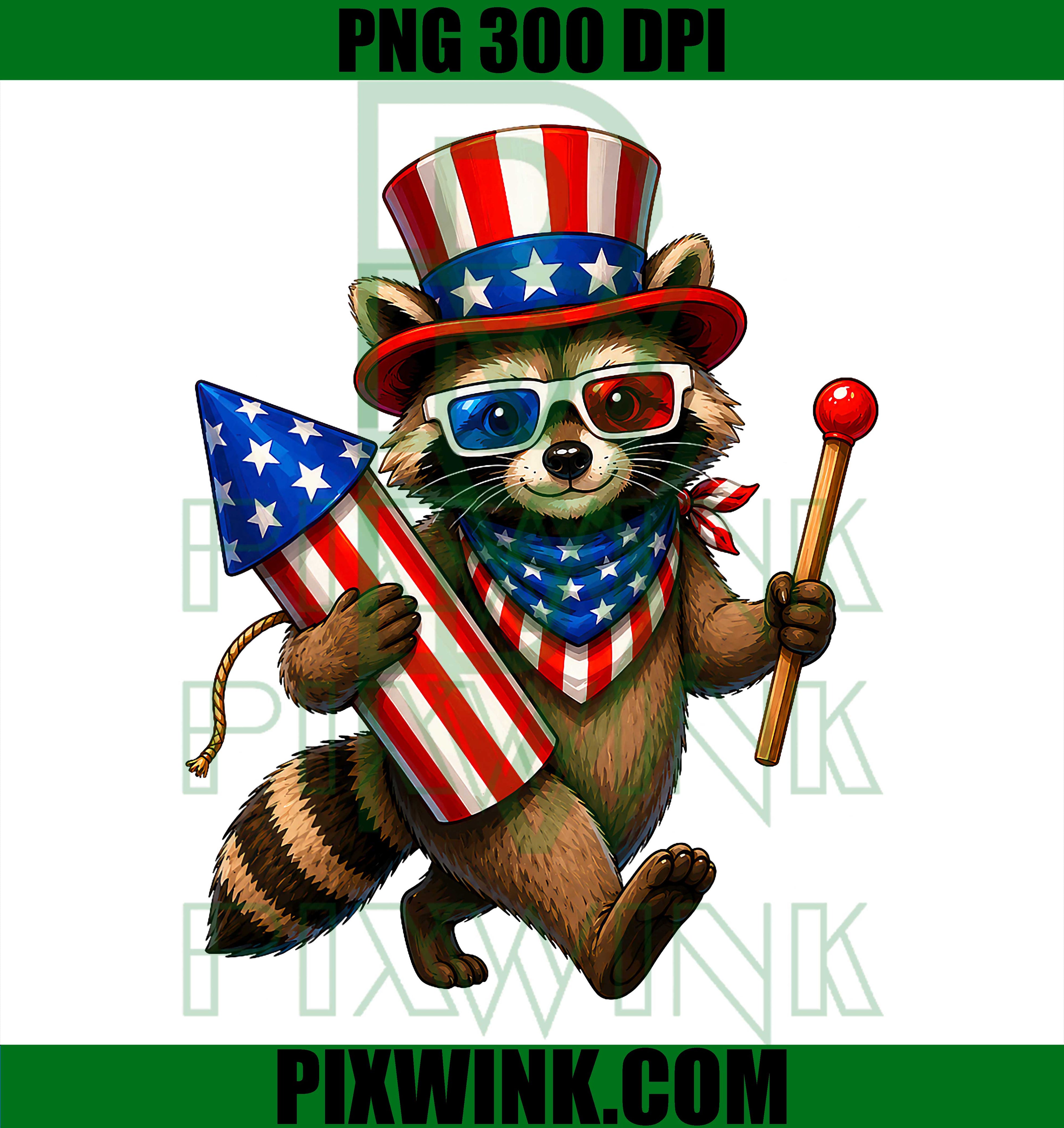 Raccoon Fireworks 4th Of July PNG, Patriotic USA Men Women Kids PNG