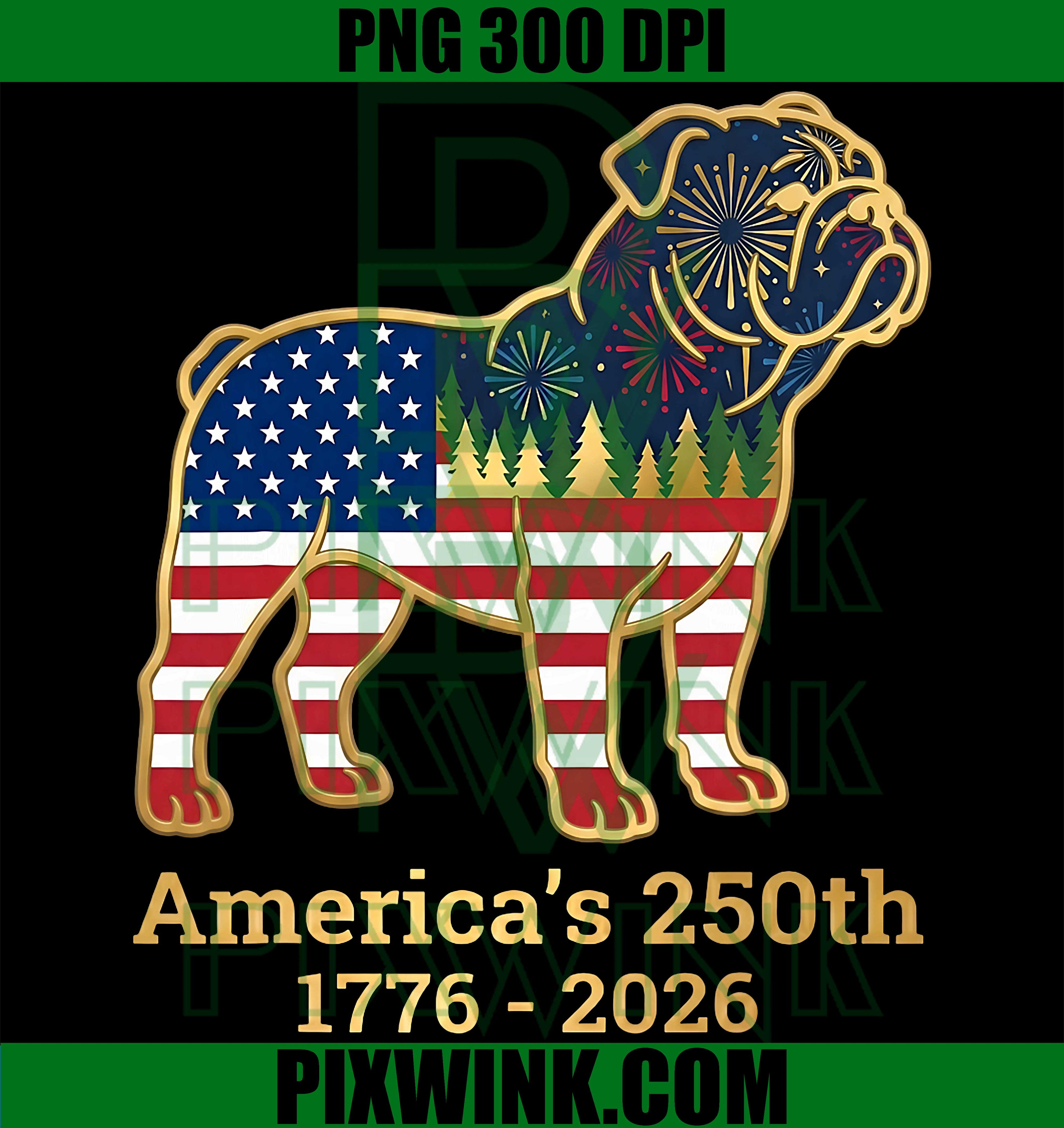 Bulldog Americas 250th Patriotic Dog PNG, Fireworks 4th July Graphic PNG