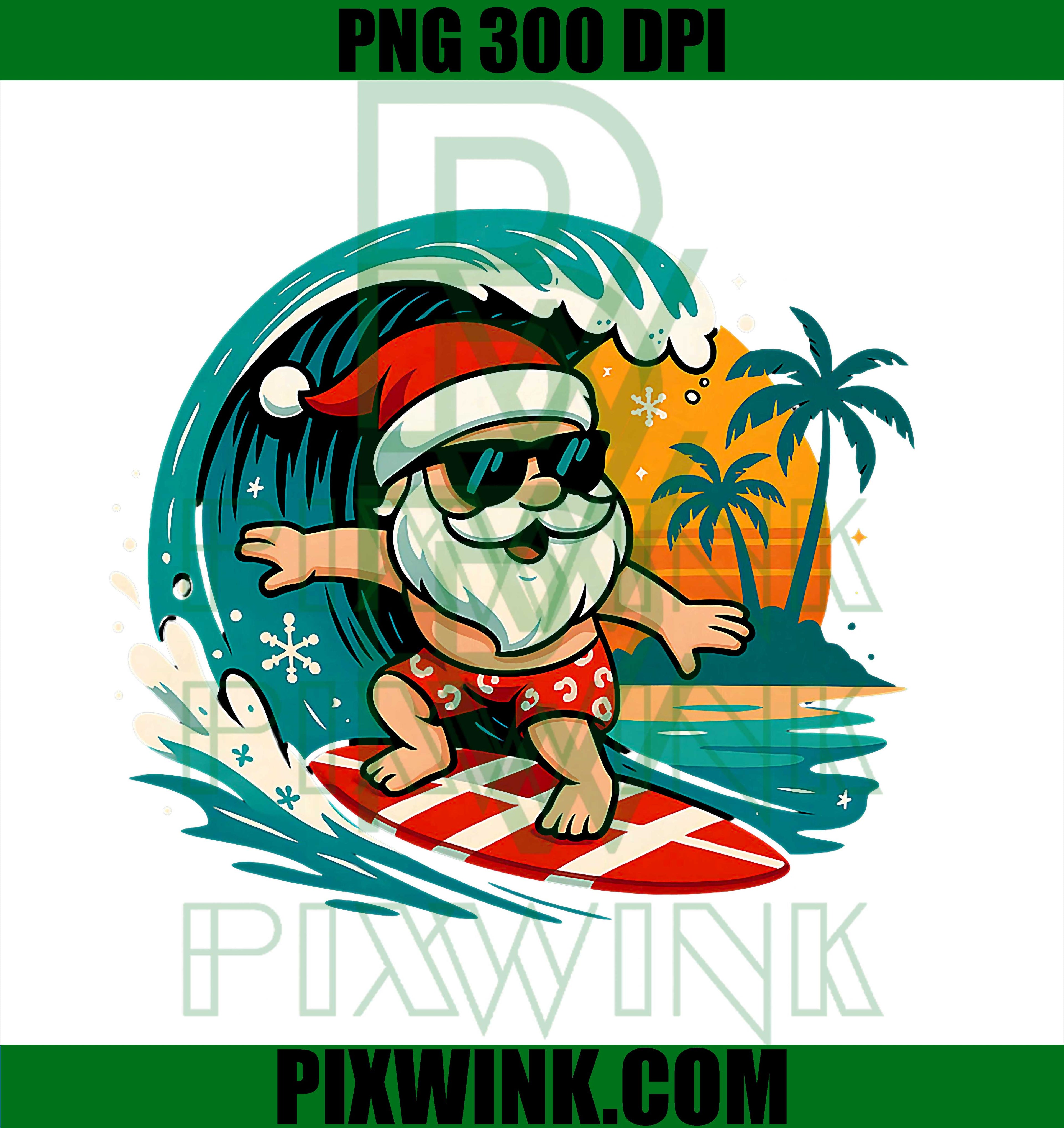 Santa Surfing Hawaiian Beach Christmas in July Tropical Xmas PNG