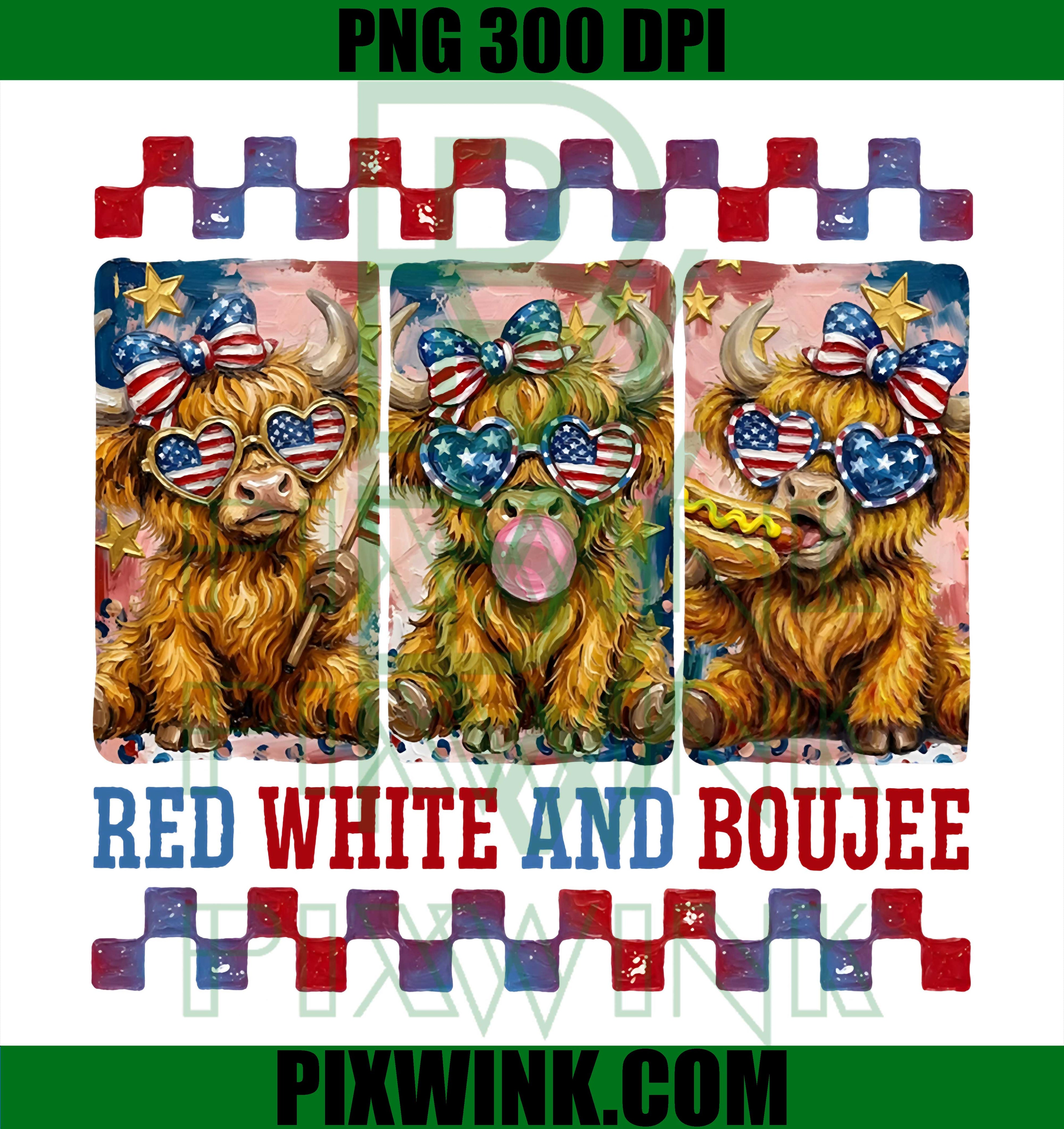 Red White And Boujee Bow Highland Cow PNG, Patriotic 4th Of July PNG