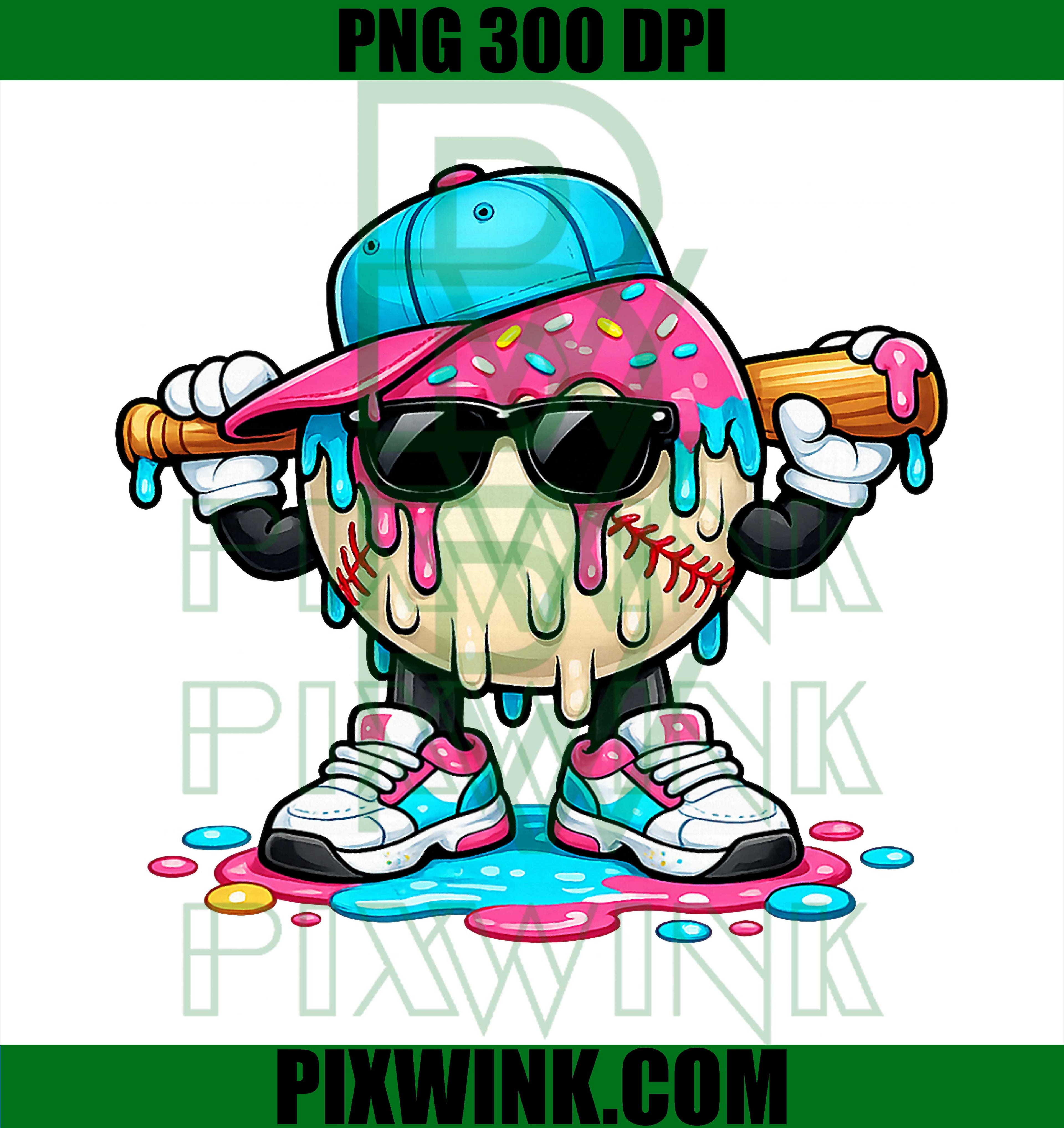 Ice Cream Drip Baseball PNG, Cool Bat Player Character Design PNG