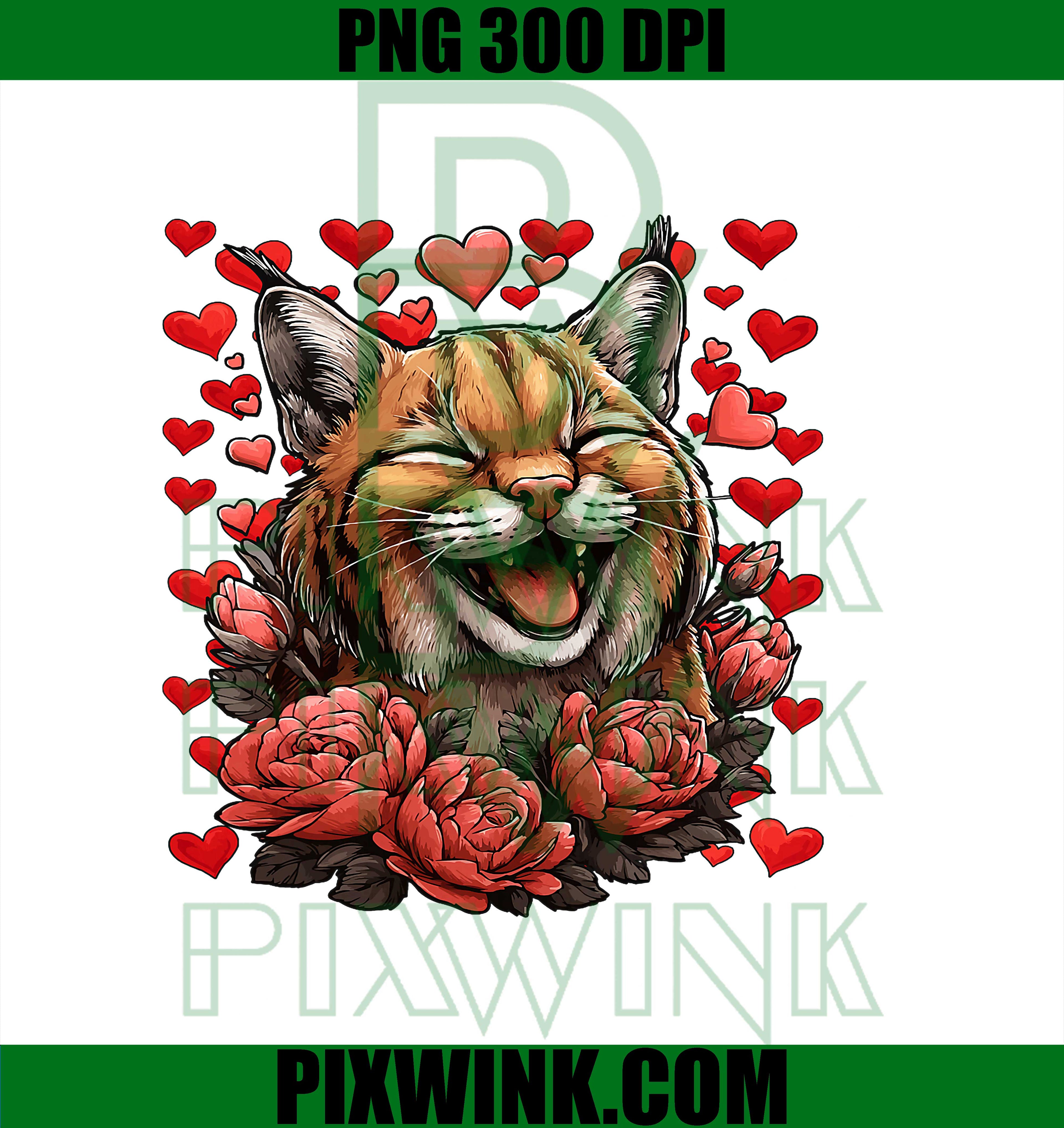 Cute Bobcat with Red Roses Hearts PNG, Valentine’s Day Animal PNG