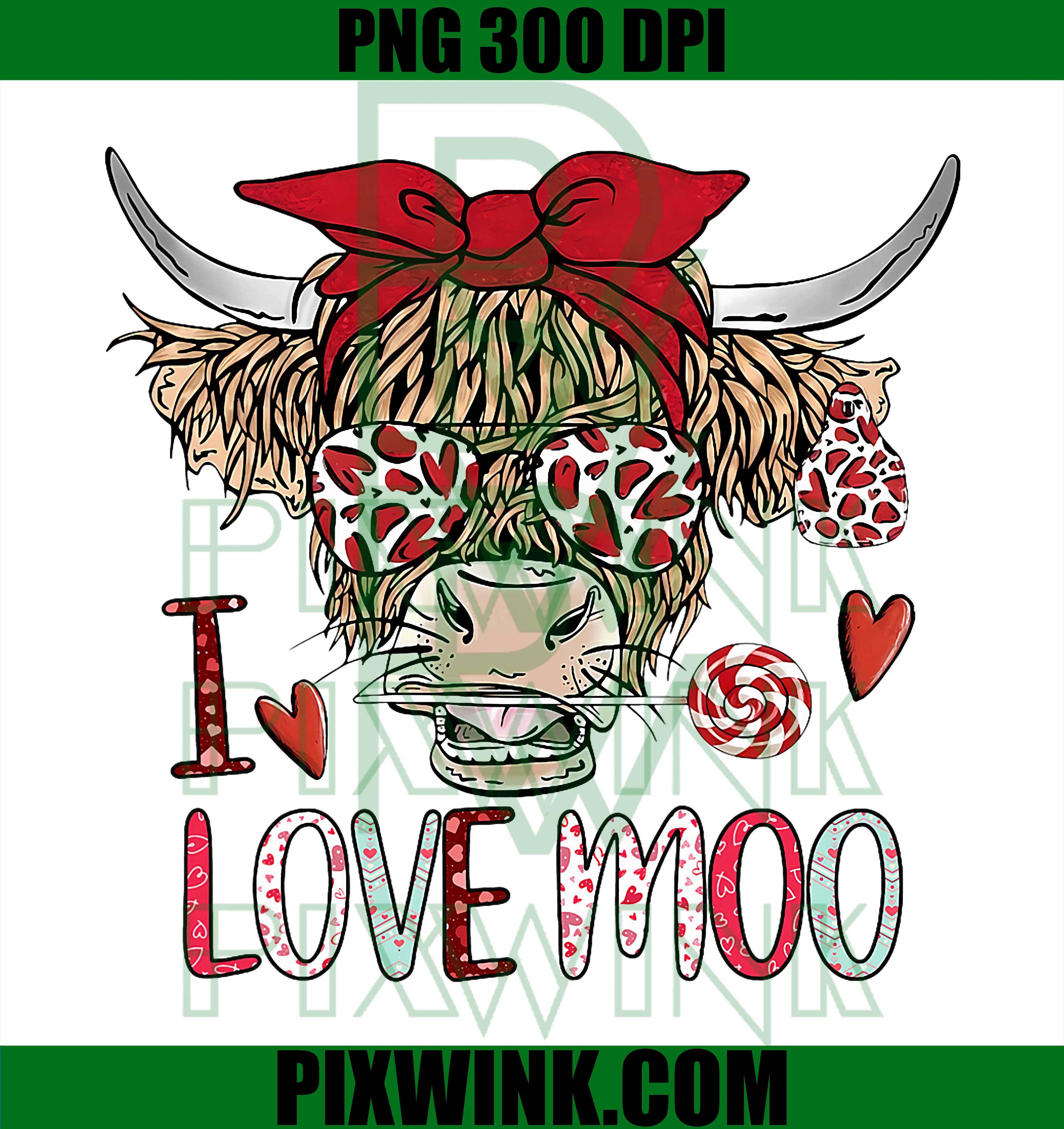 Valentine Highland Cow I Love Moo Heart PNG, Retro Cow Lovers PNG