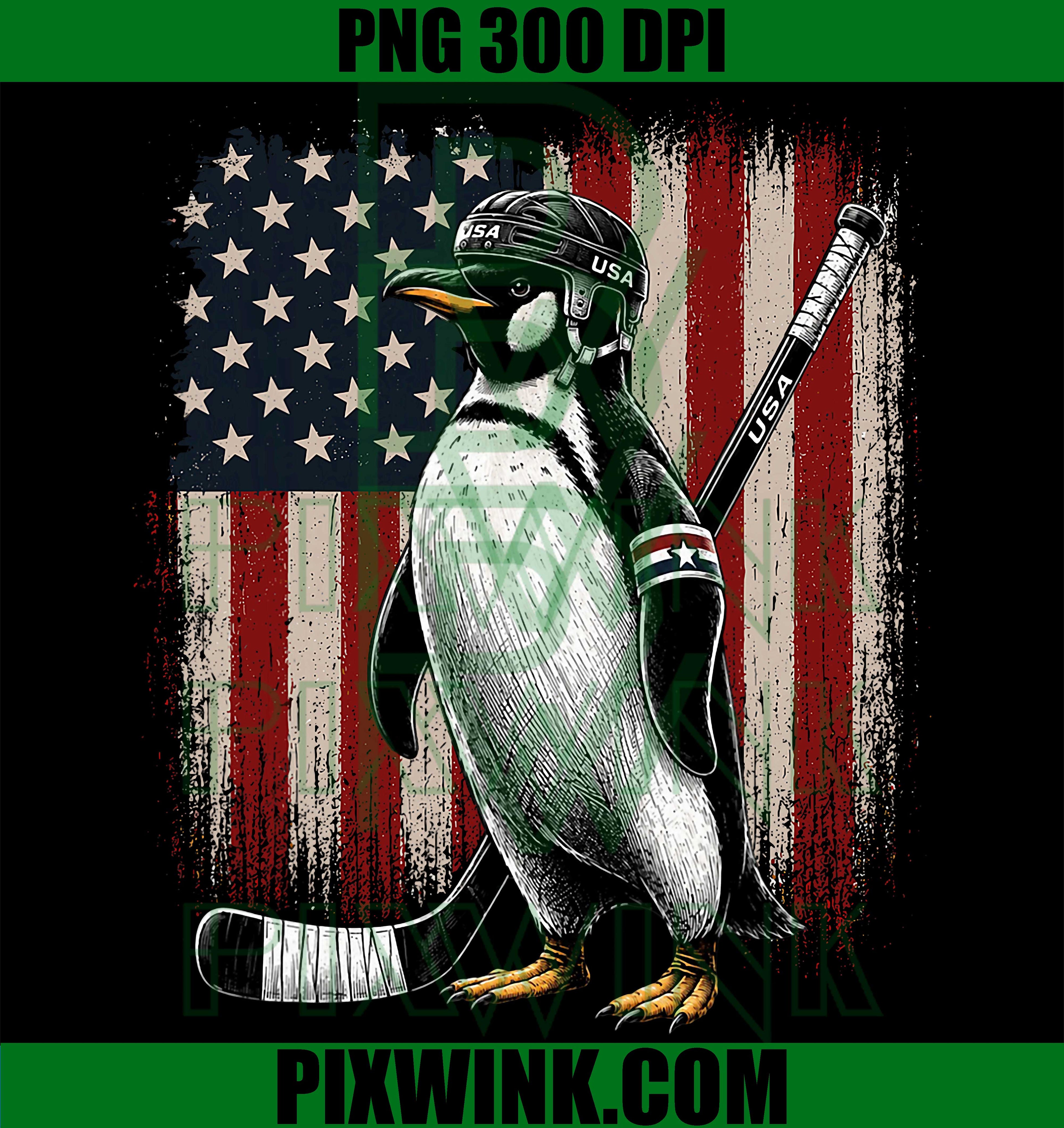 Cool Penguin Playing Hockey PNG, American Flag Patriotic Sports Graphic PNG