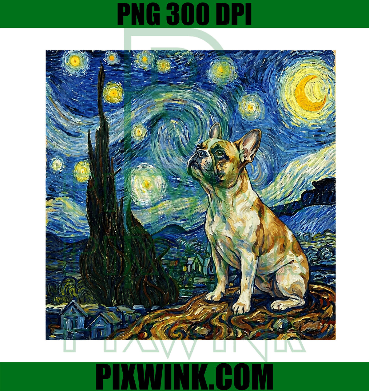 Van Gogh Art Starry Night PNG, Cute French Bulldog Dog Artistic PNG