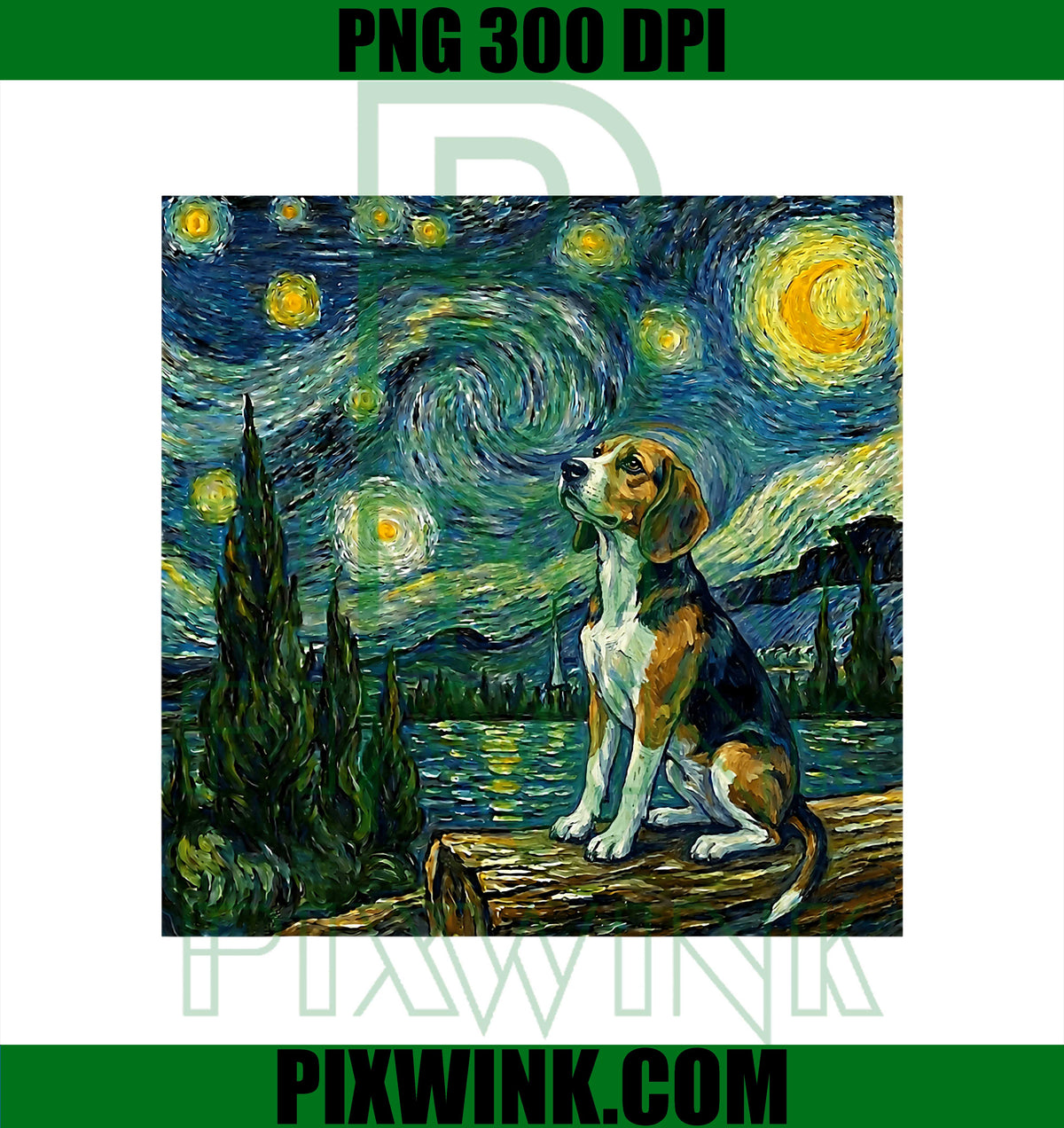 Van Gogh Art Starry Night PNG, Cute Funny Beagle Dog Artistic PNG
