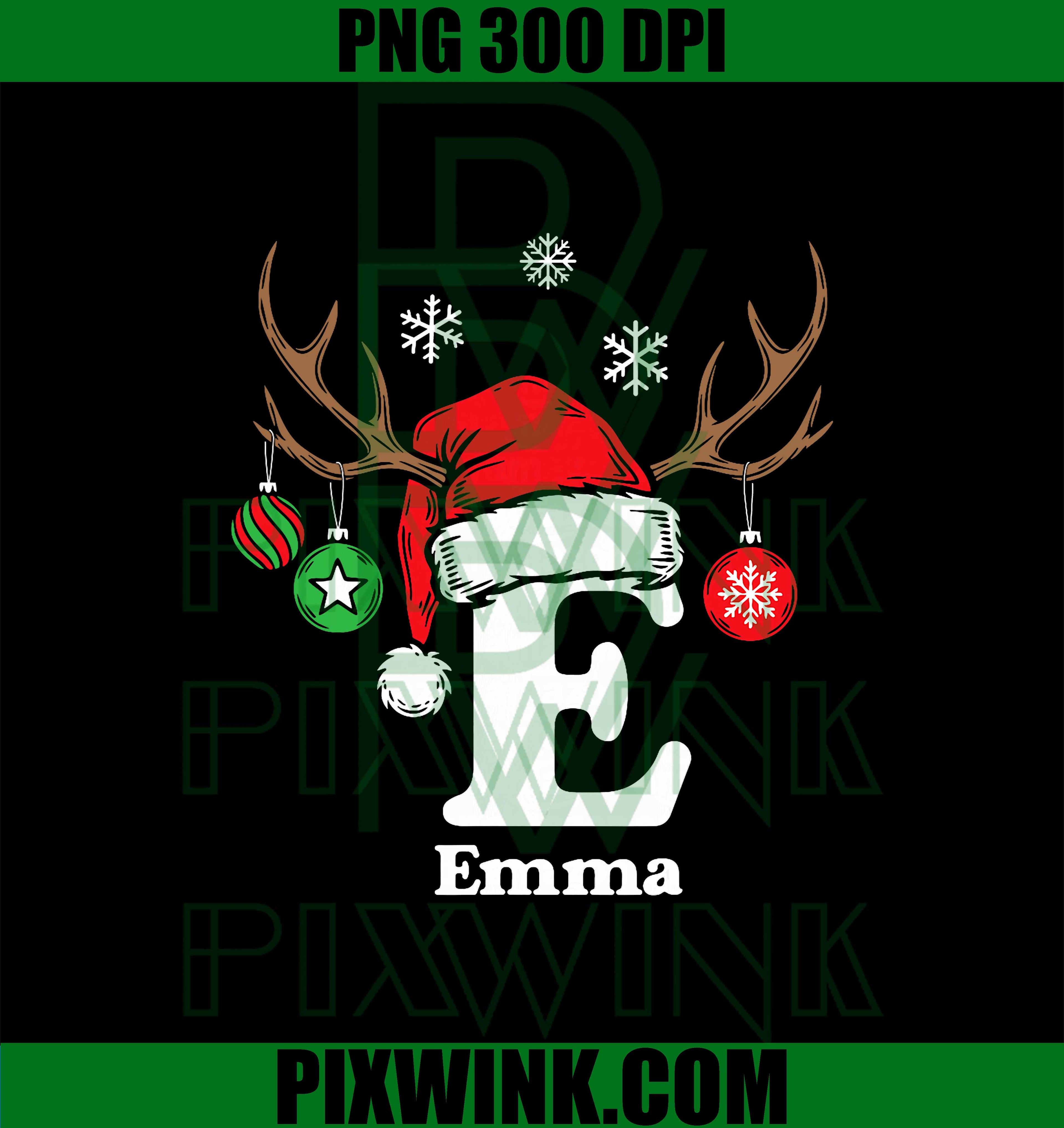 Letter E Name Initial Emma with Santa Hat Reindeer Antlers PNG