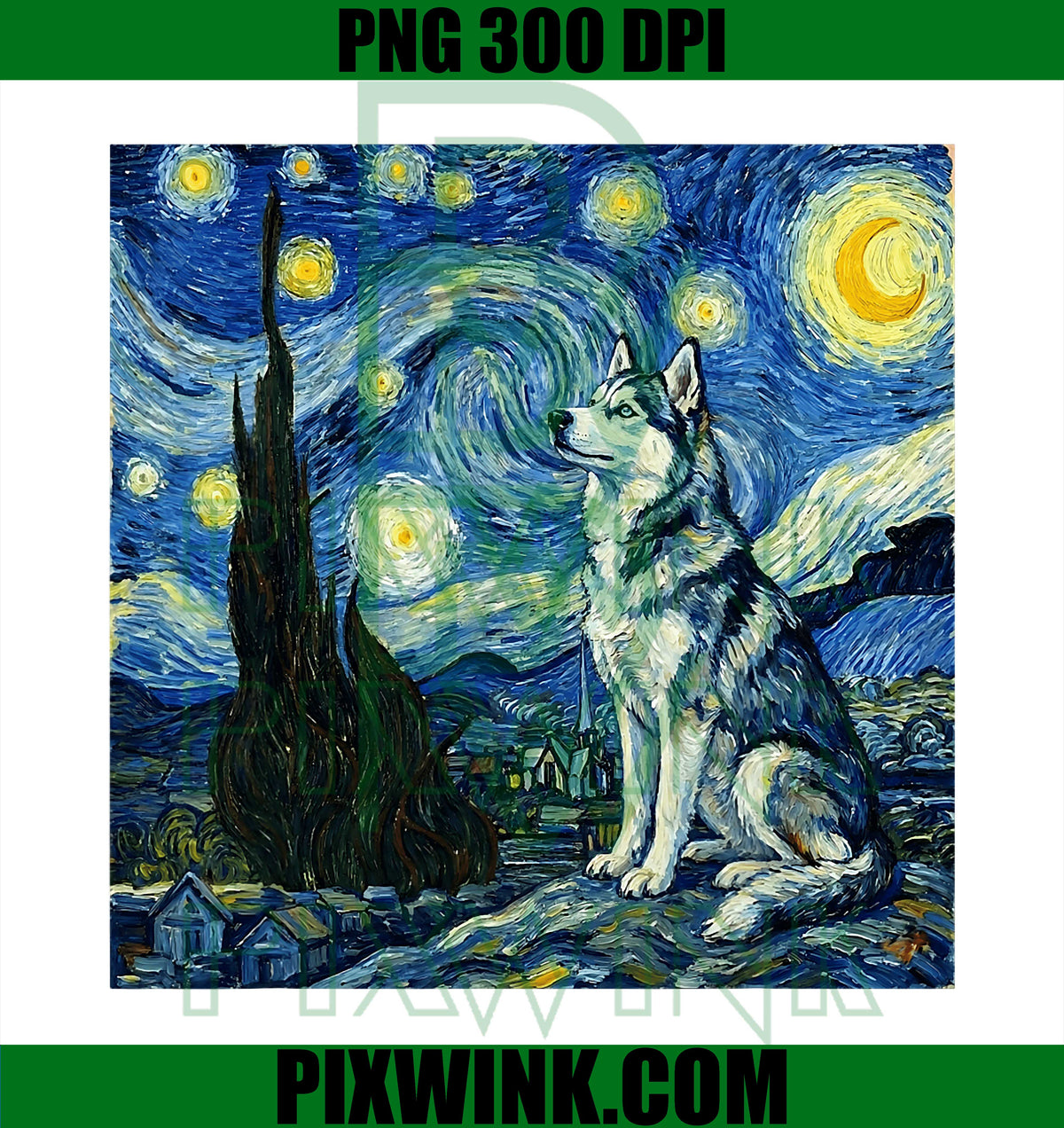 Van Gogh Art Starry Night PNG, Cute Siberian Husky Dog Artistic PNG