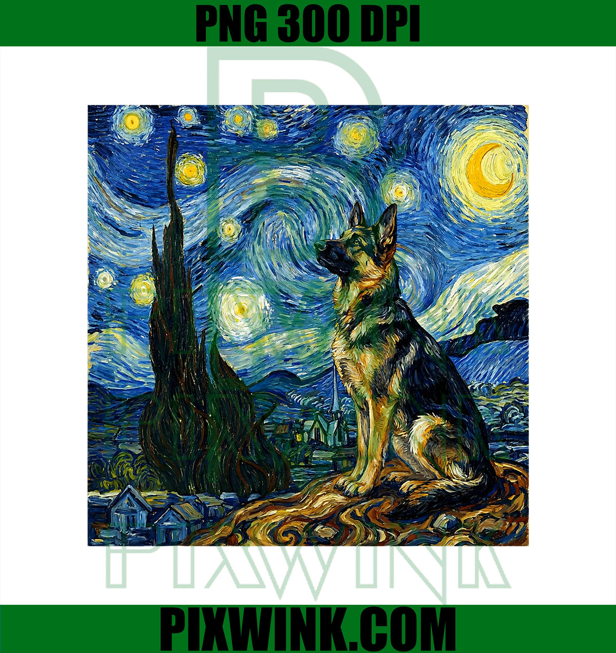 Van Gogh Art Starry Night PNG, German Shepherd Dog Artistic PNG